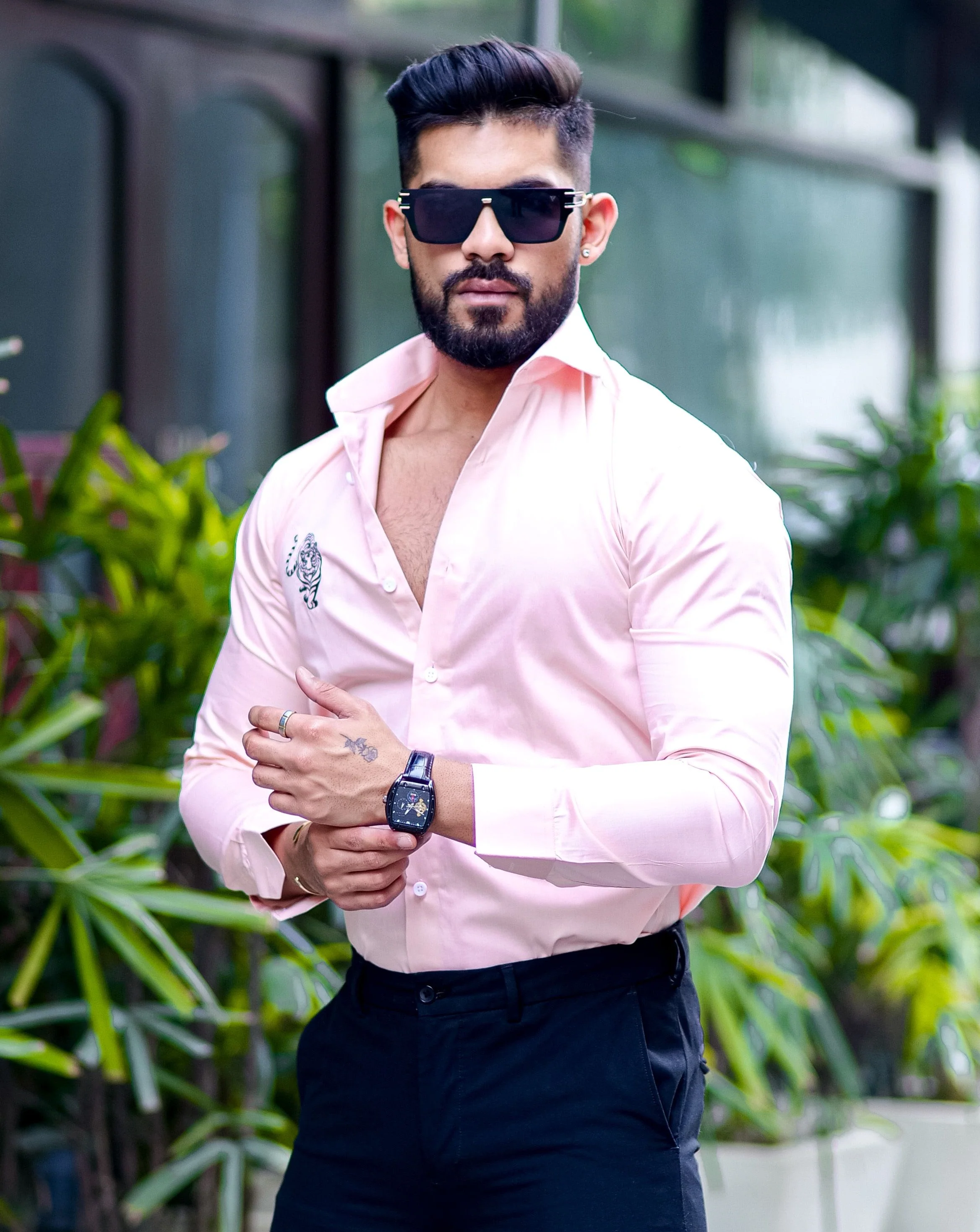 Tiger Embroidered Peach Premium Cotton Shirt For Men's - Image 5