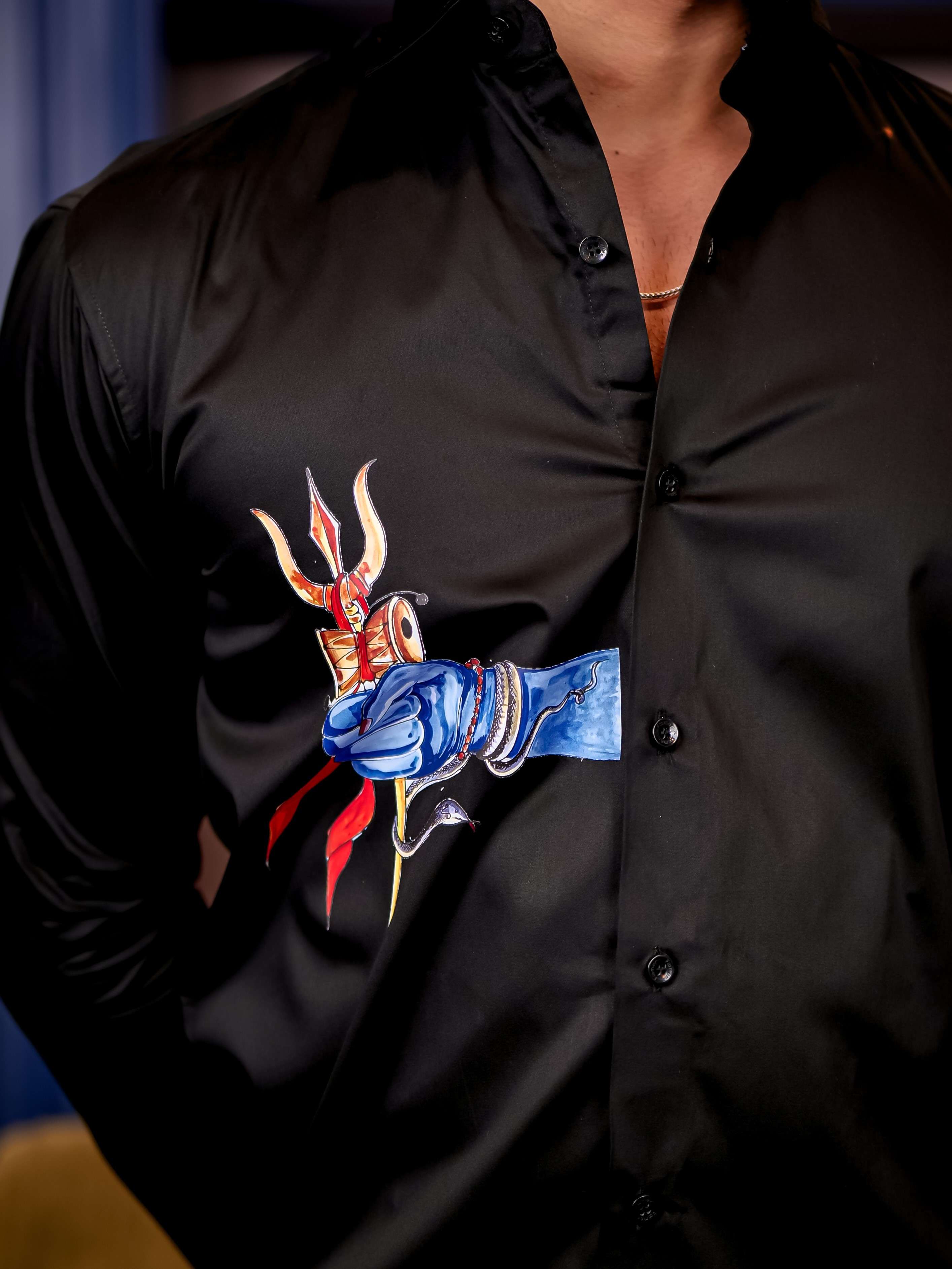 Trishul Black Club Wear Printed Satin Cotton Shirt - Image 5