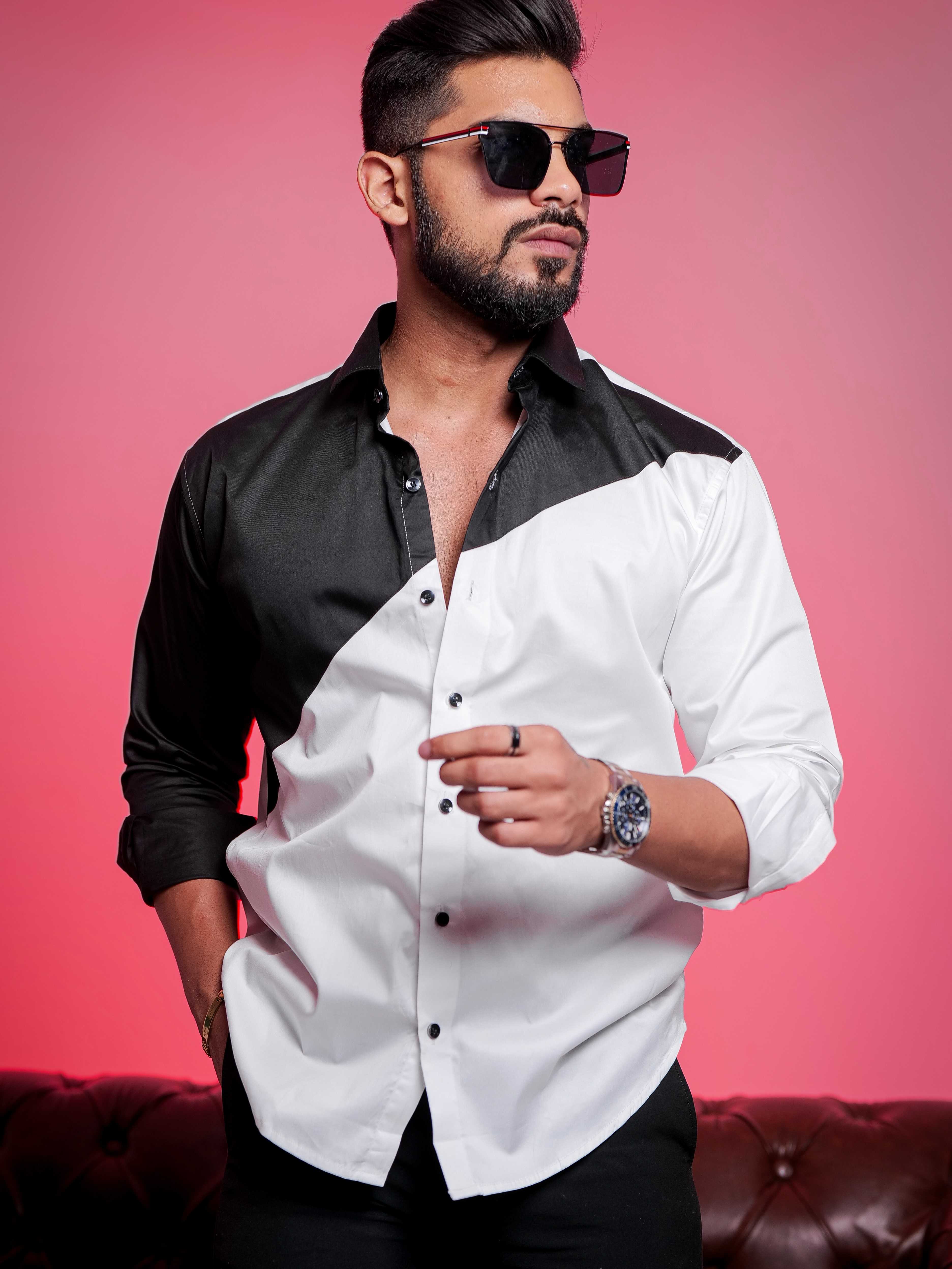 White And Black Designer Satin Cotton Shirt - Image 5