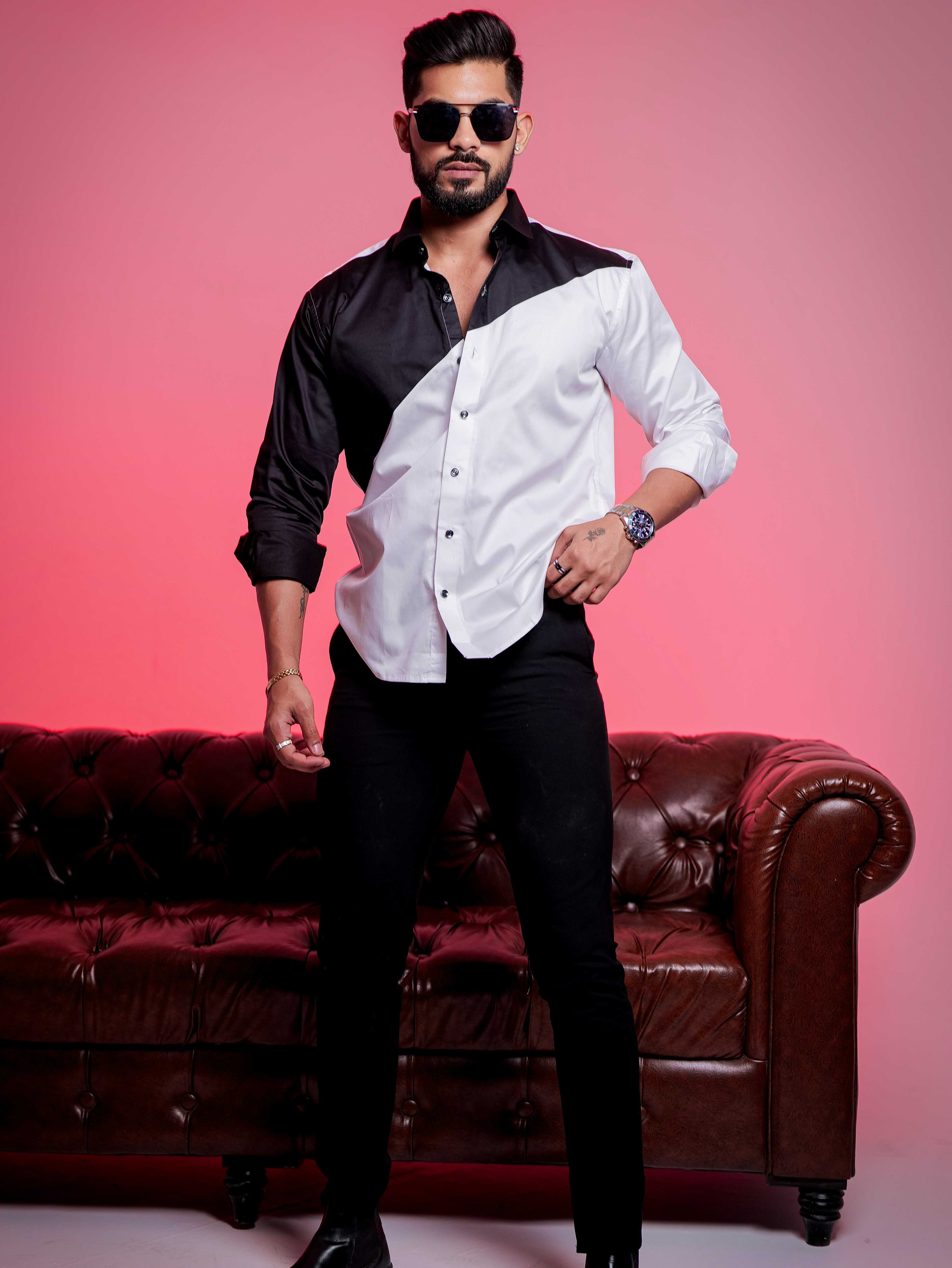 White And Black Designer Satin Cotton Shirt - Image 7