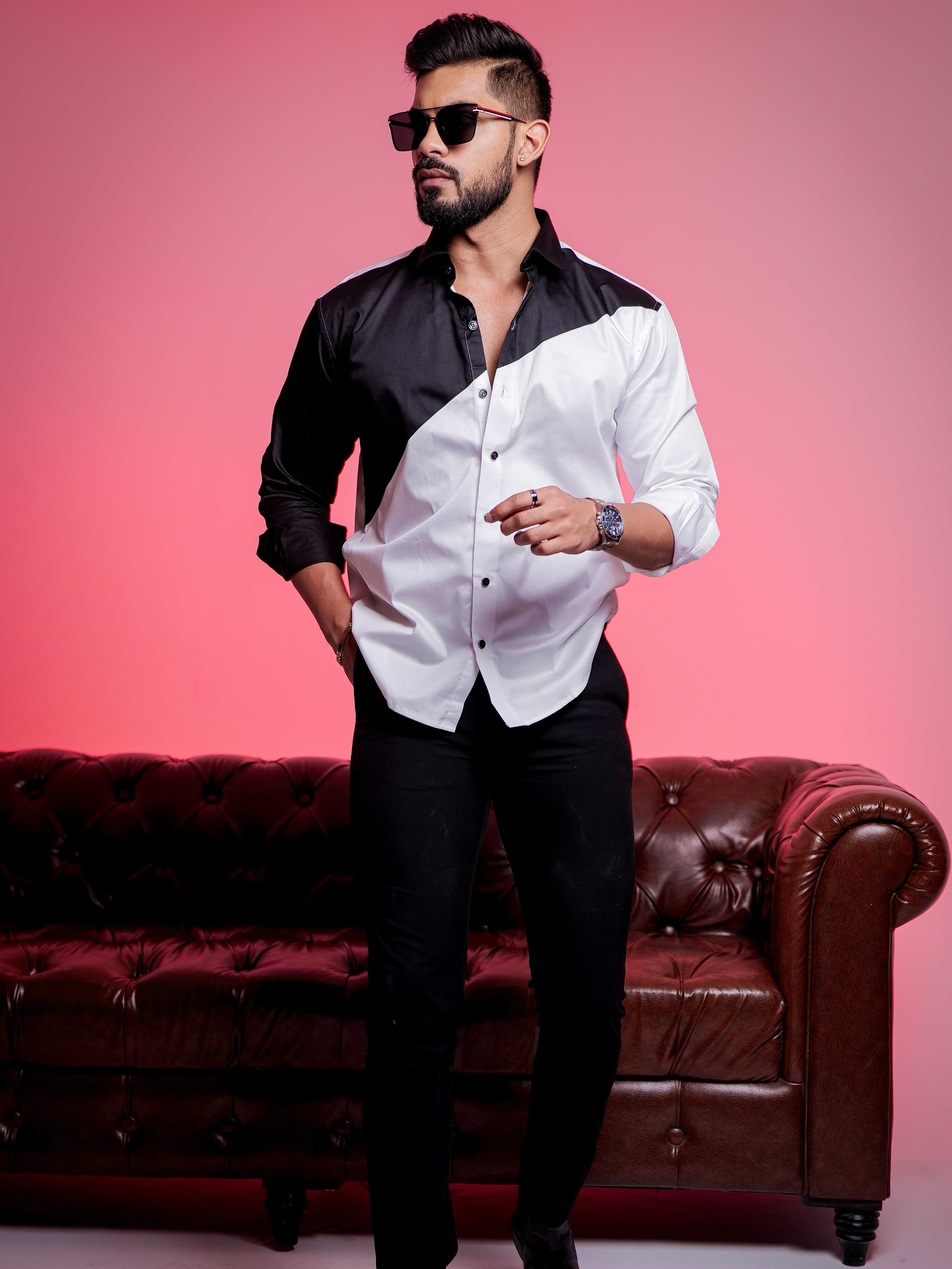White And Black Designer Satin Cotton Shirt - Image 8