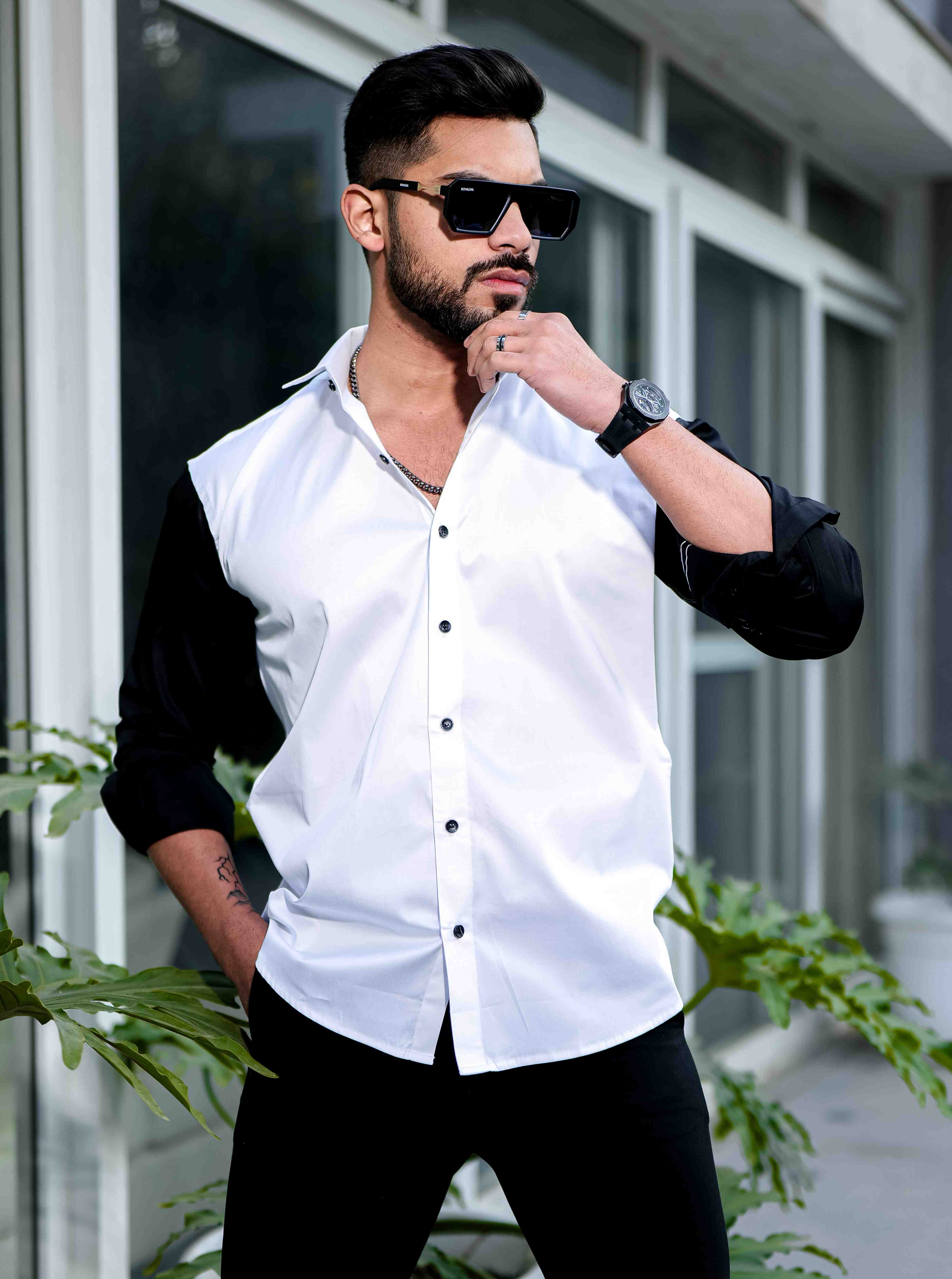 White And Black Satin Cotton Cut N Sew Designer Shirt - Image 4