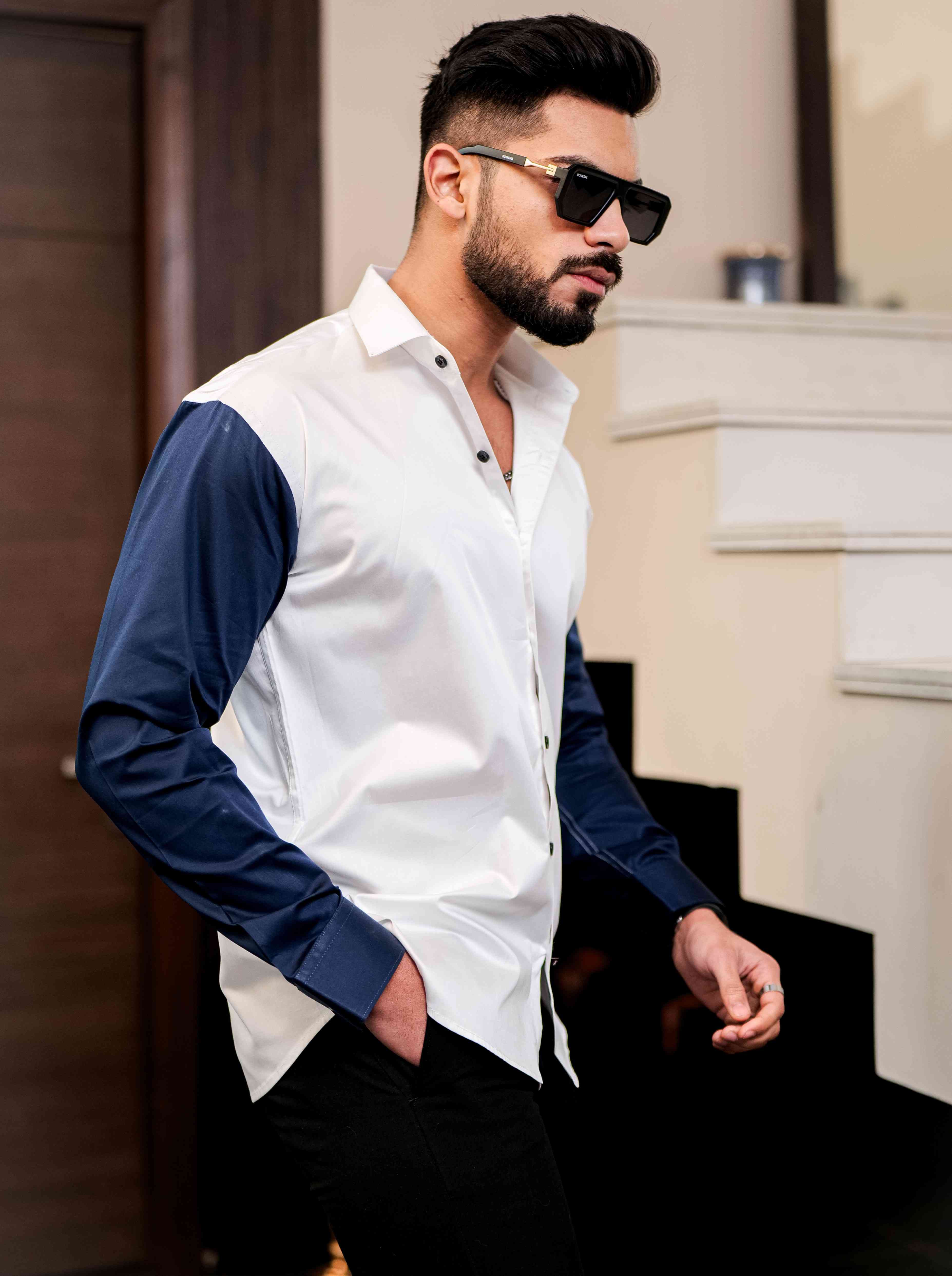 White And Blue Satin Cotton Cut N Sew Designer Shirt - Image 7