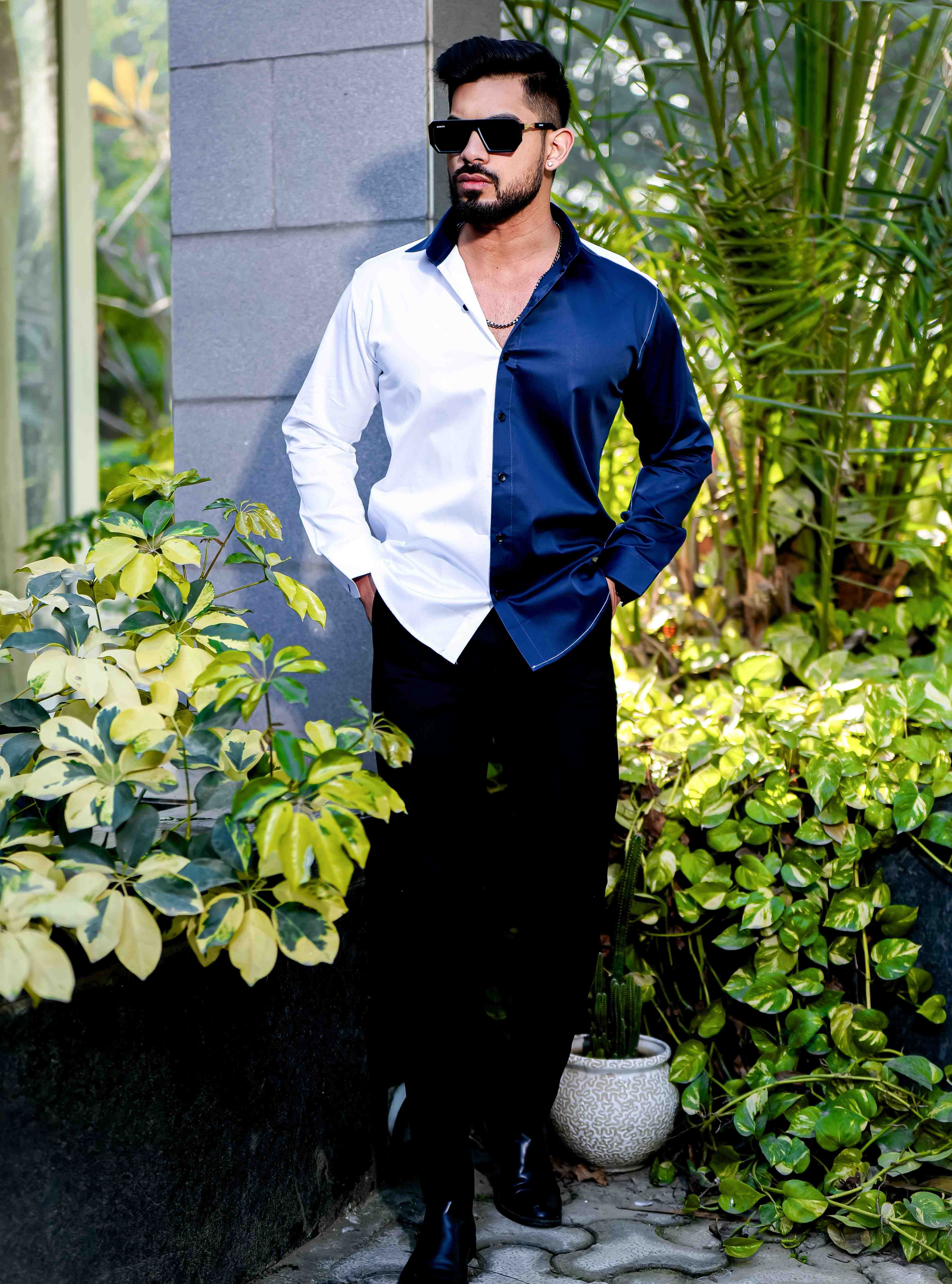 White And Blue Satin Cotton Designer Shirt - Image 2