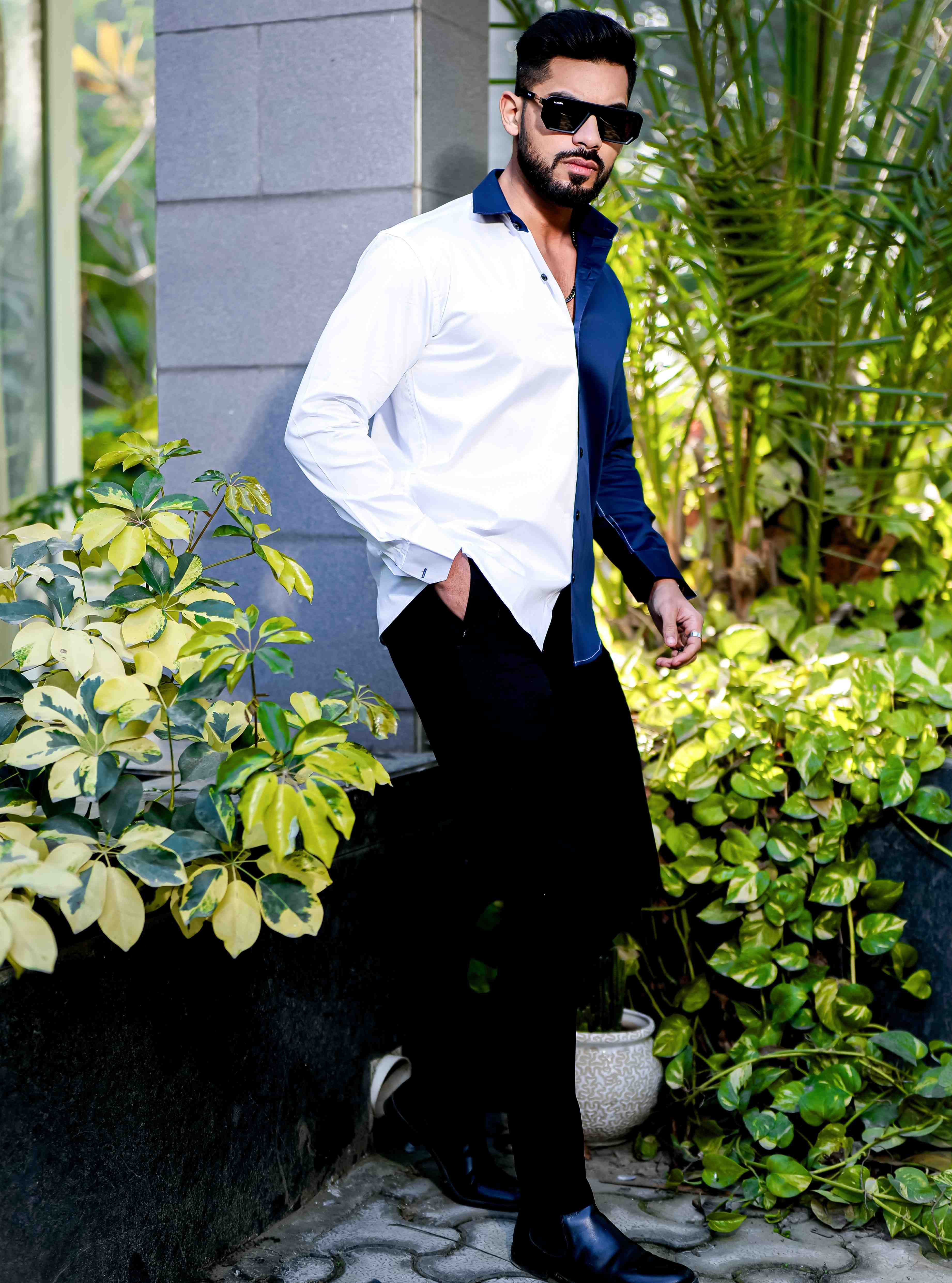 White And Blue Satin Cotton Designer Shirt - Image 6