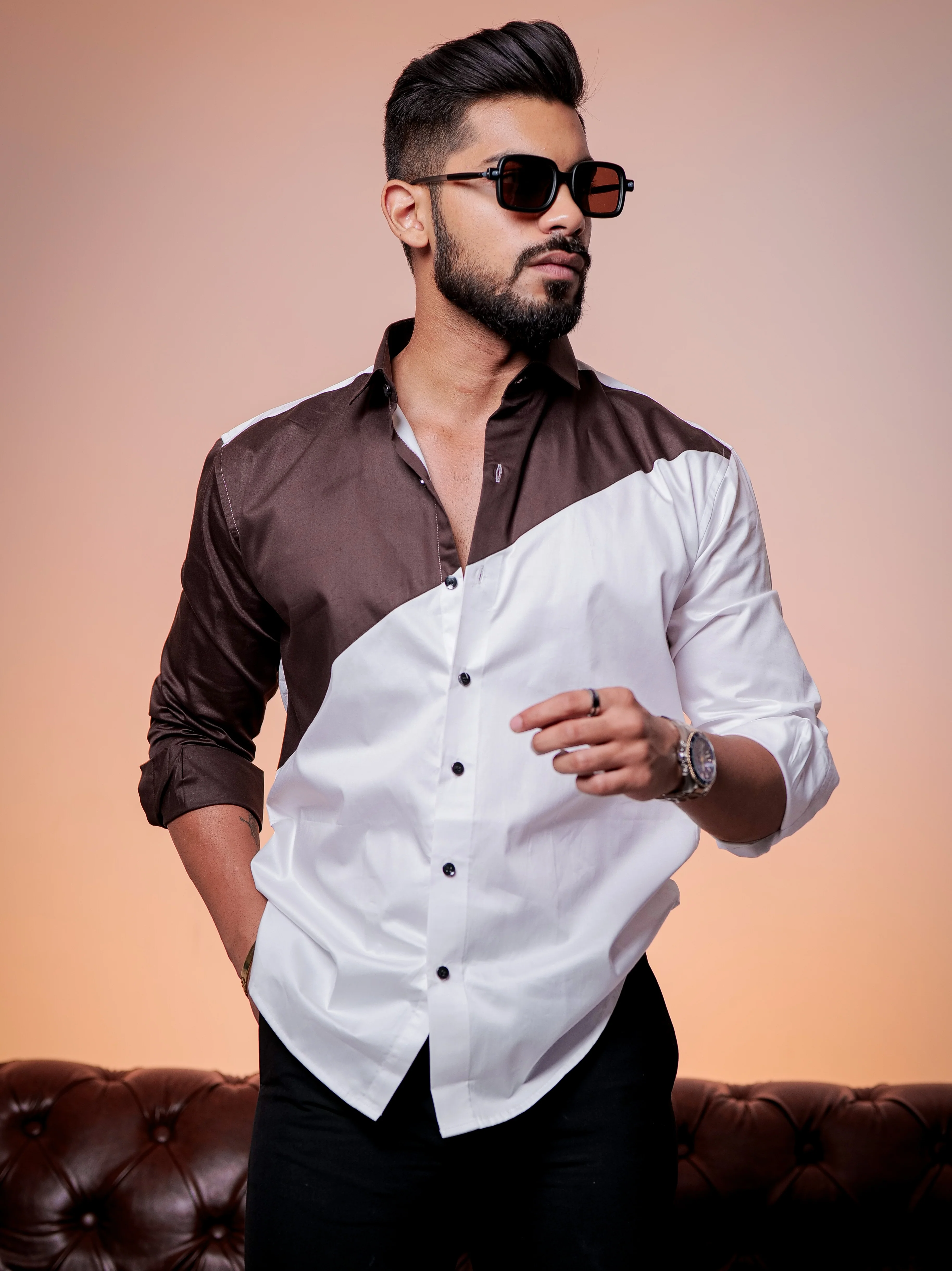 White And Brown Designer Satin Cotton Shirt - Image 3