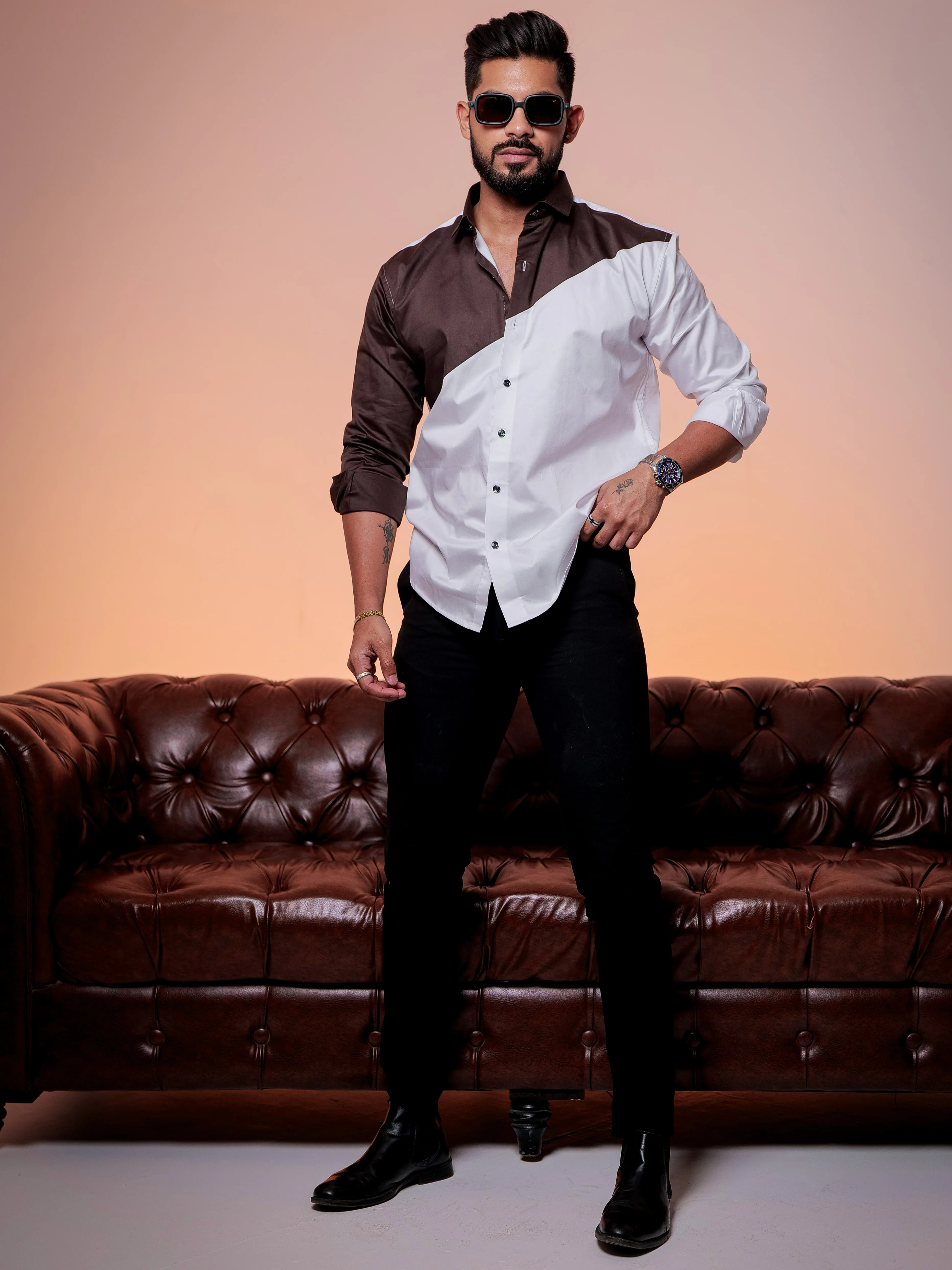 White And Brown Designer Satin Cotton Shirt - Image 4