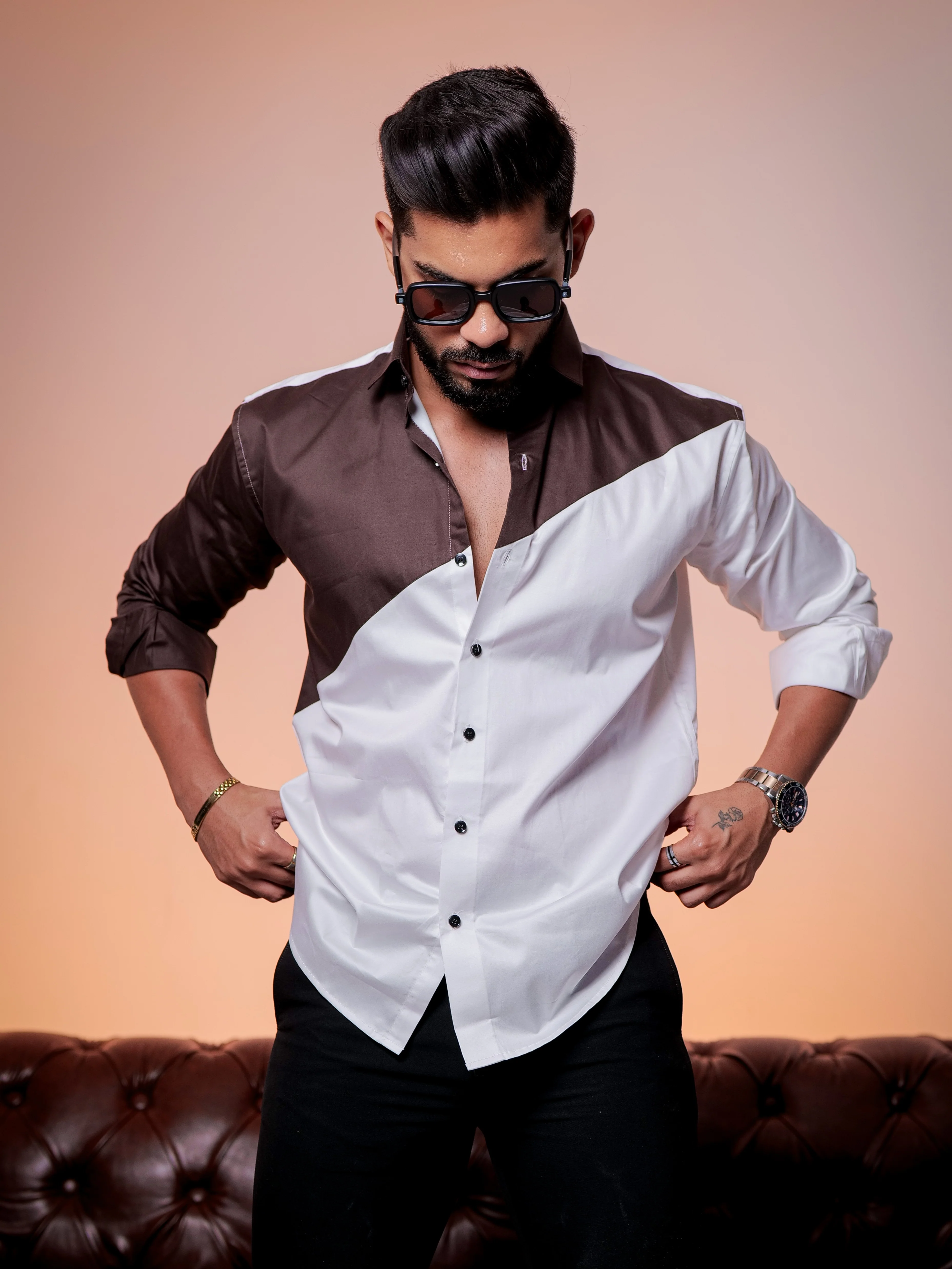 White And Brown Designer Satin Cotton Shirt - Image 5