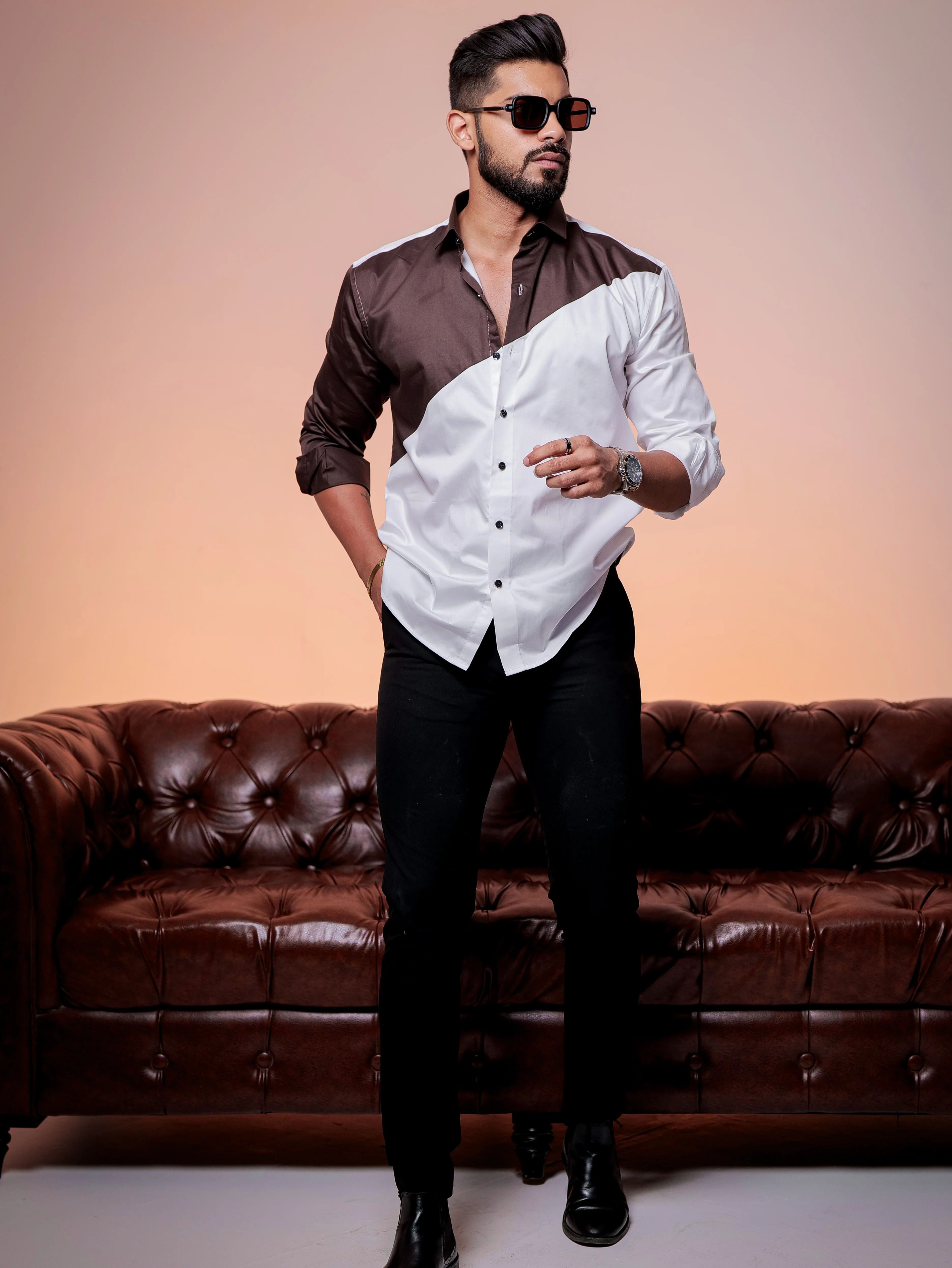 White And Brown Designer Satin Cotton Shirt - Image 7