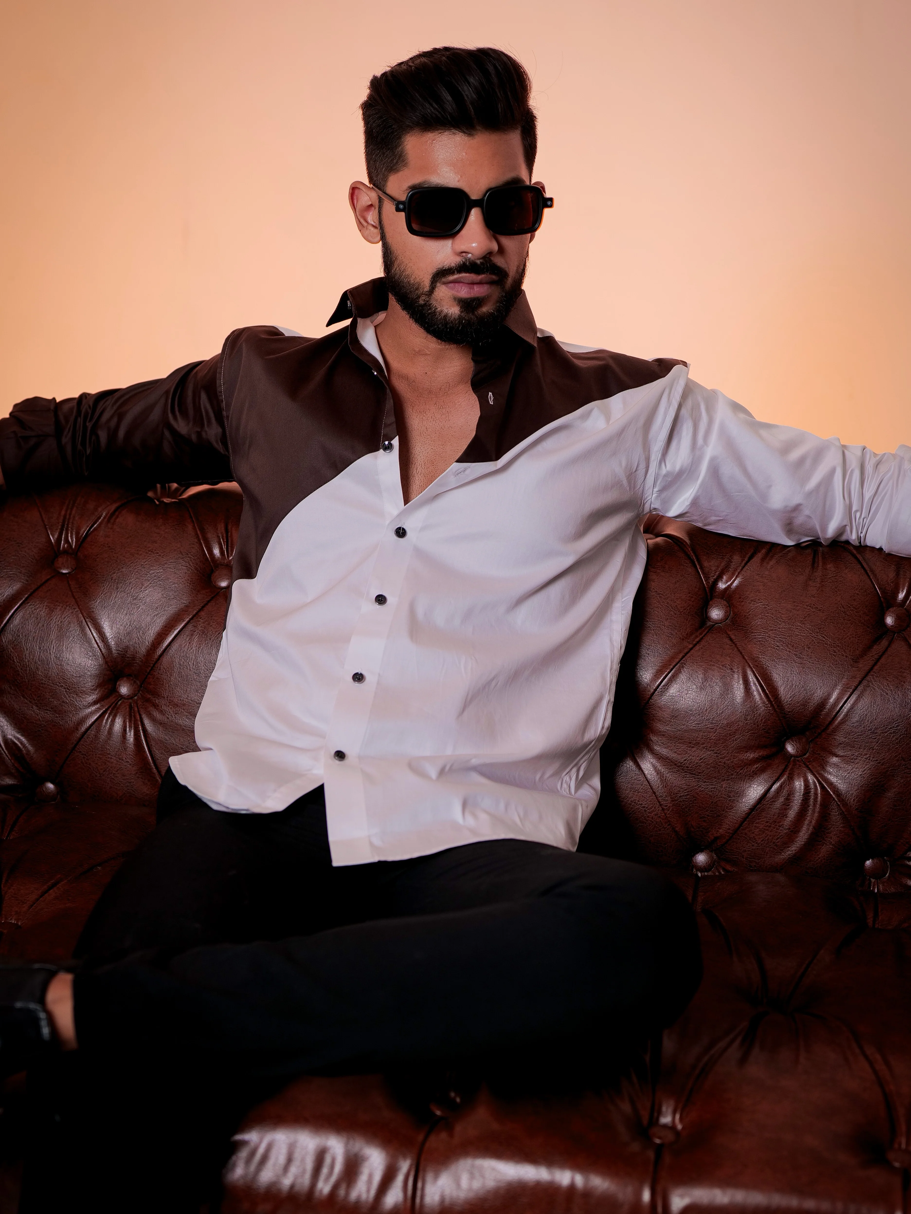 White And Brown Designer Satin Cotton Shirt - Image 8
