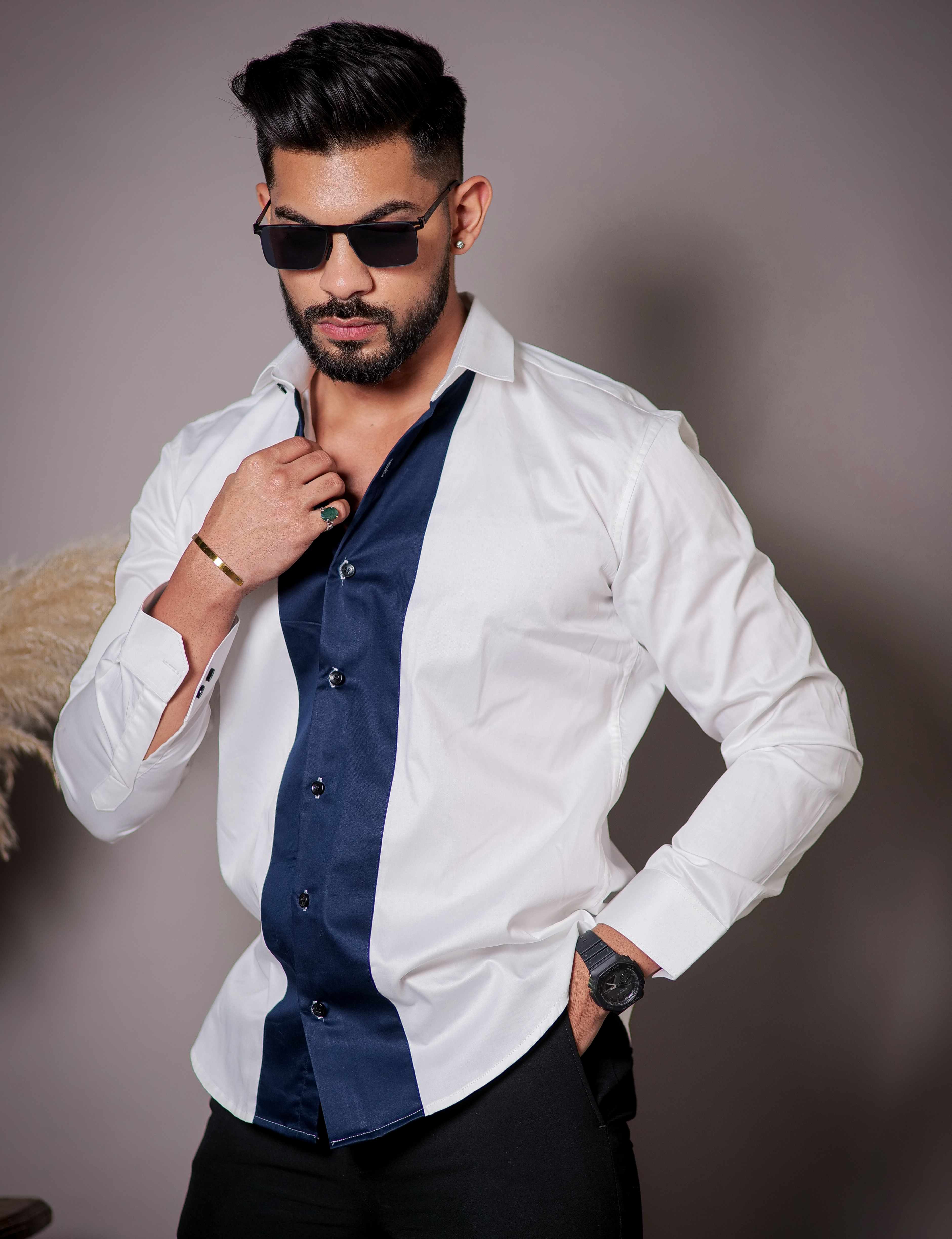 White And Blue Designer Satin Cotton Shirt - Image 3
