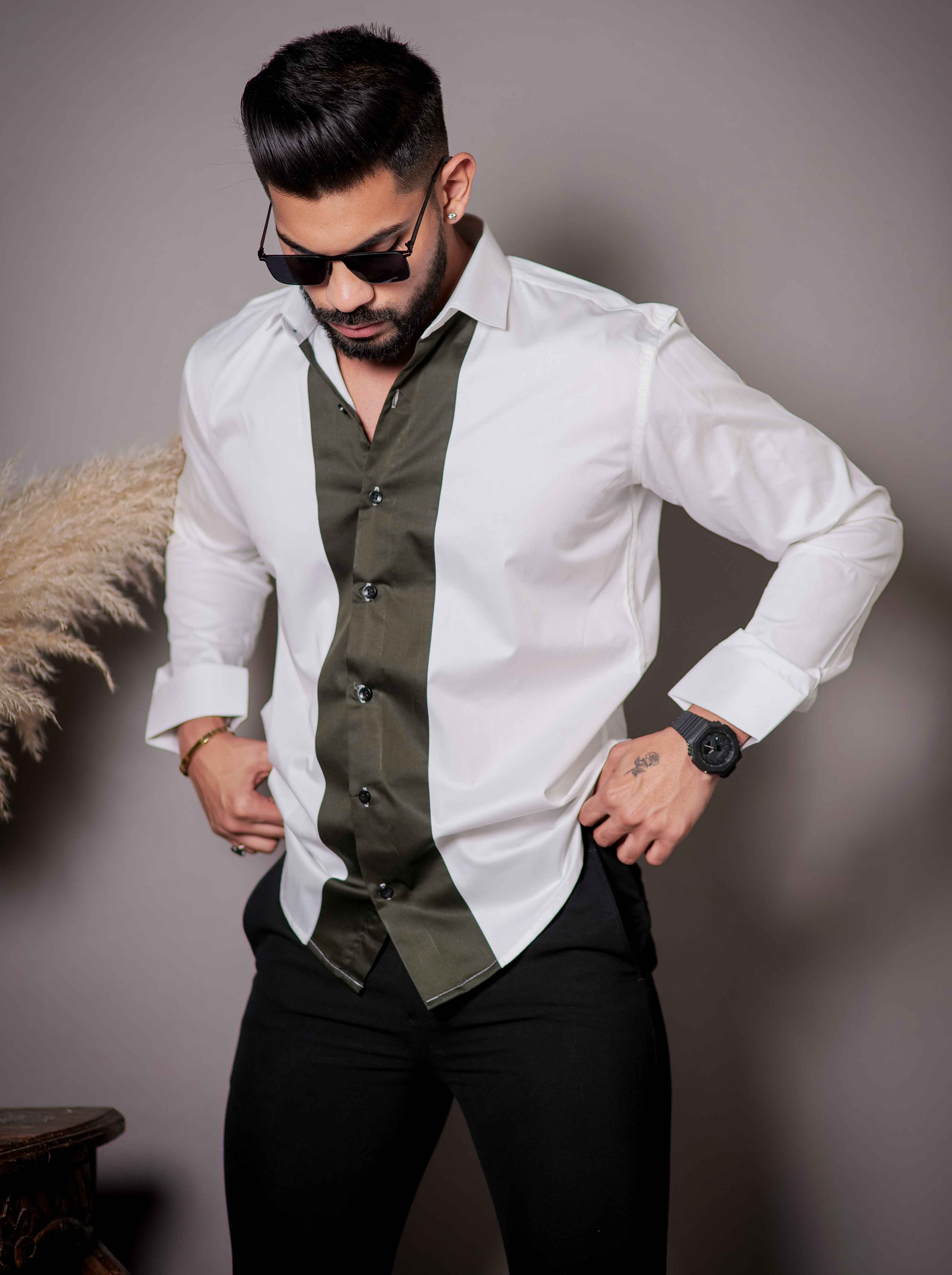 White And Green Designer Satin Cotton Shirt - Image 4