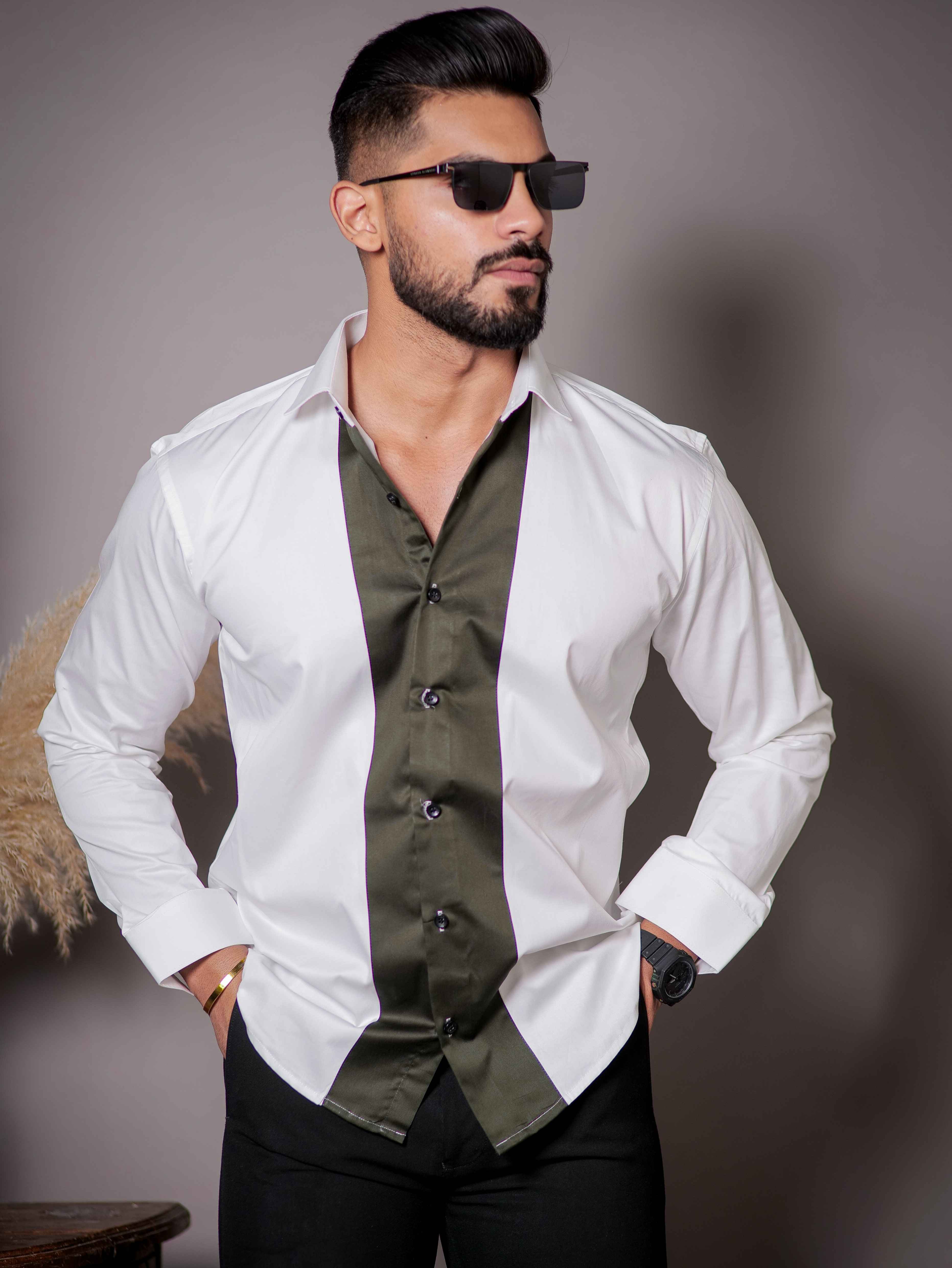 White And Green Designer Satin Cotton Shirt - Image 5