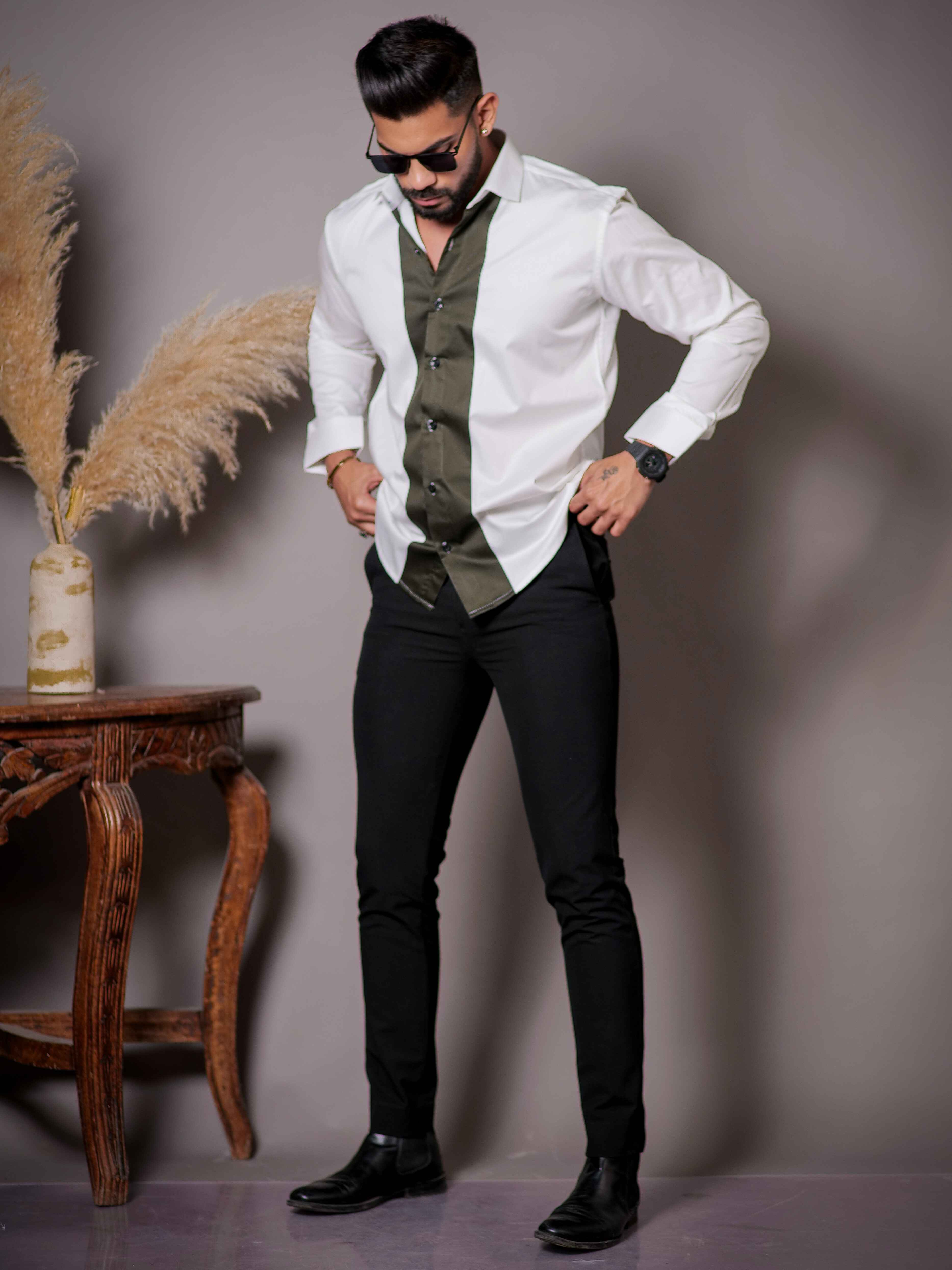 White And Green Designer Satin Cotton Shirt - Image 6
