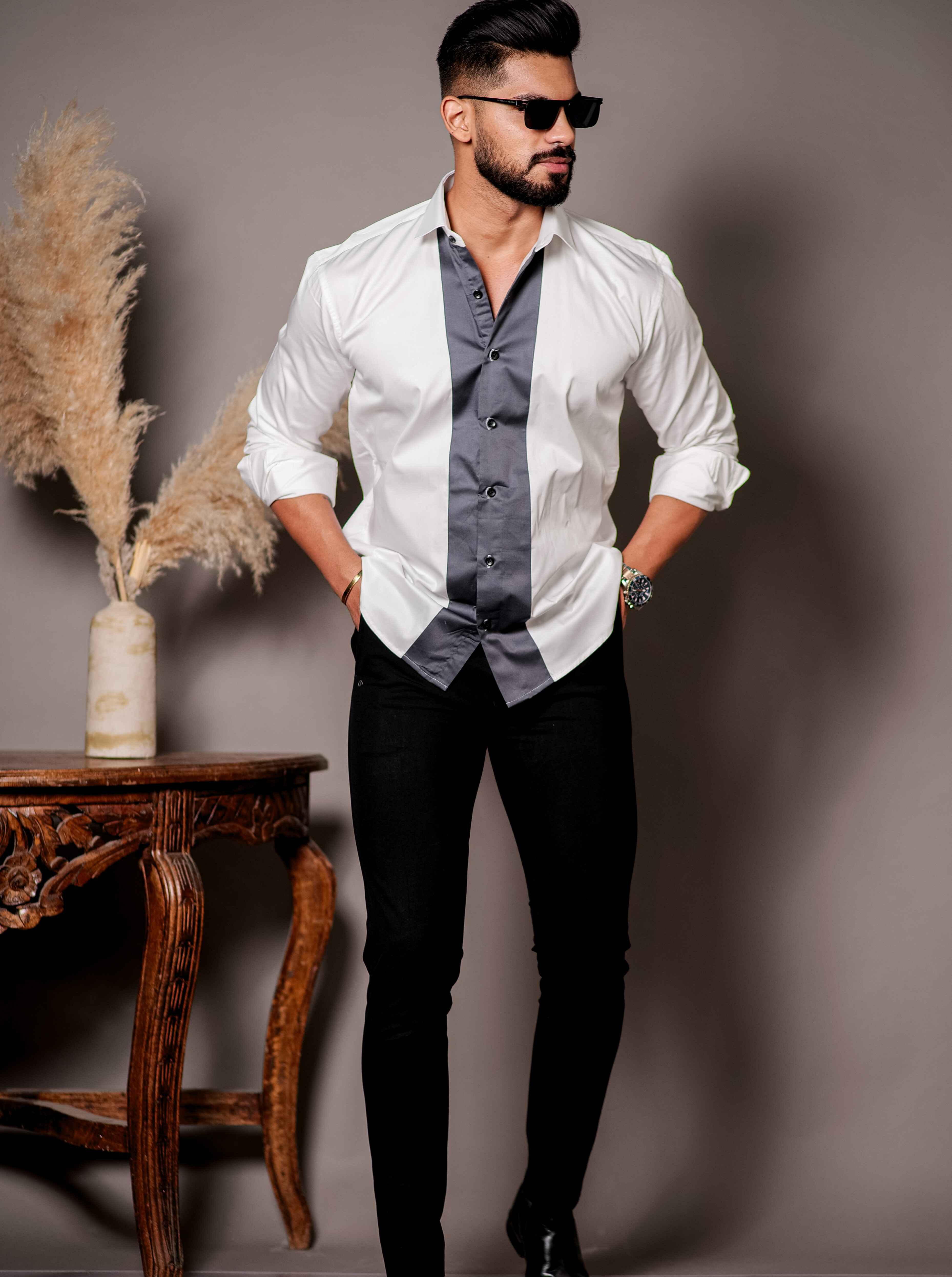 White And Grey Designer Satin Cotton Shirt - Image 3