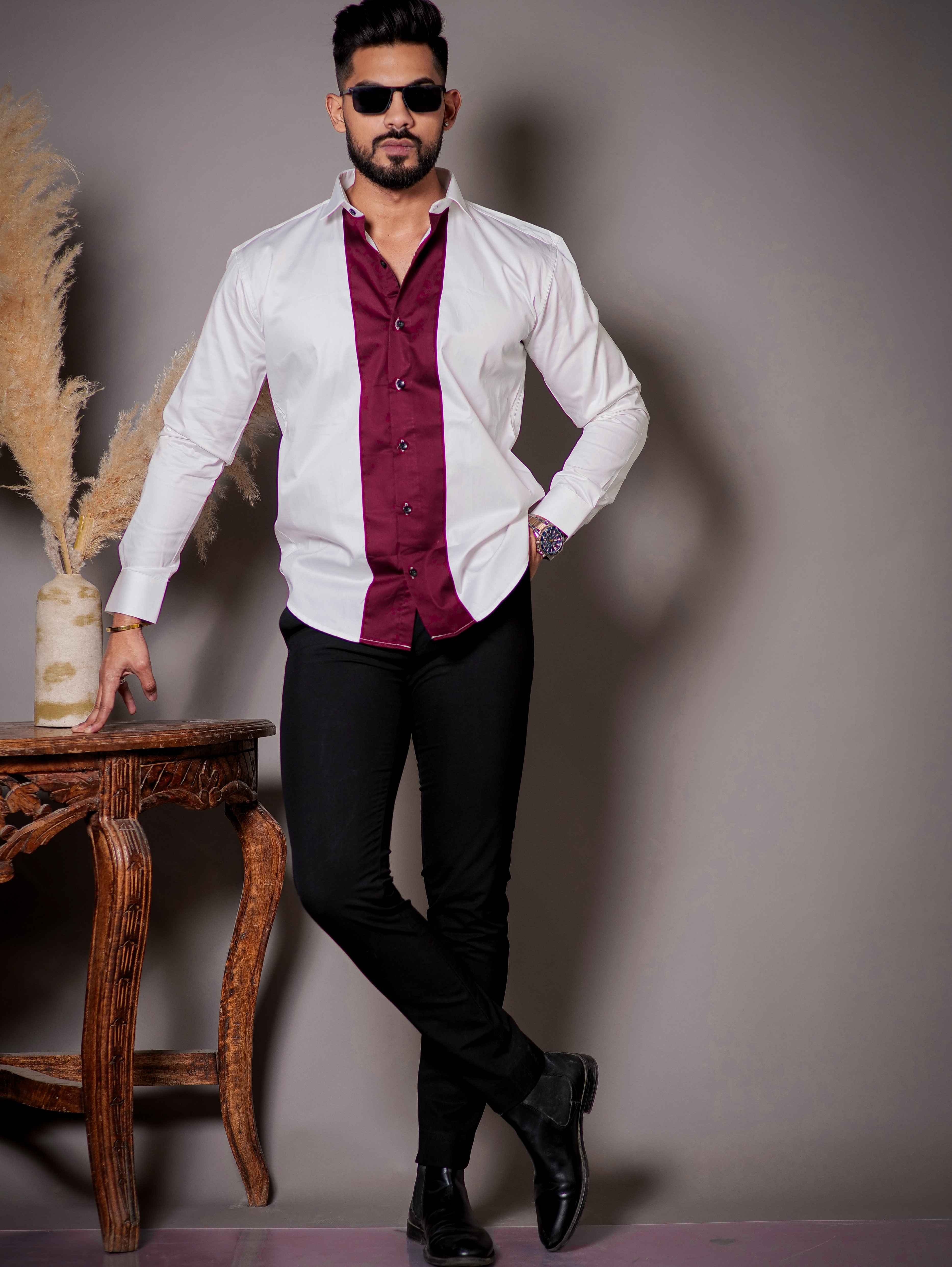 White And Maroon Designer Satin Cotton Shirt - Image 5