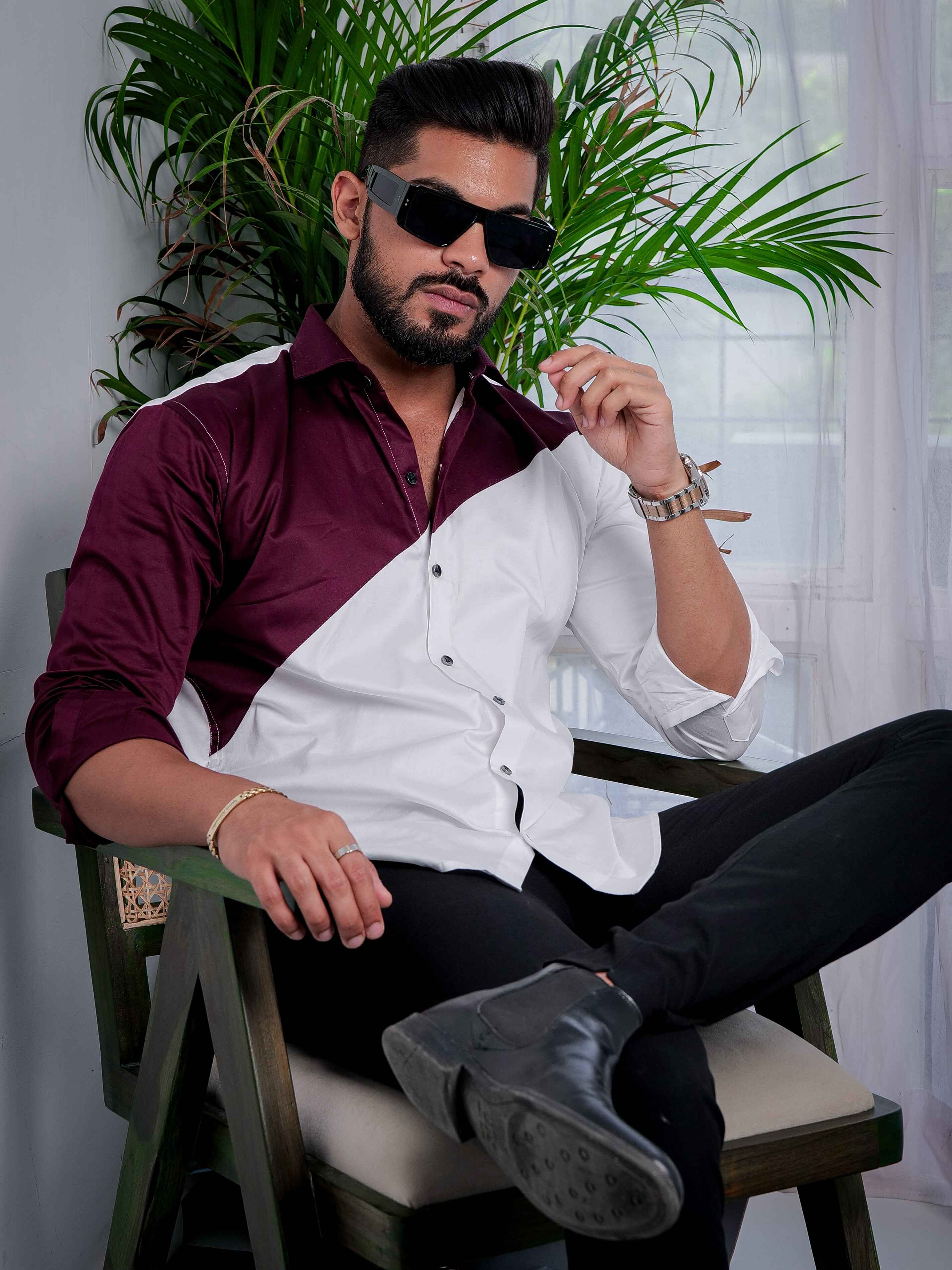 White And Maroon Designer Satin Cotton Shirt - Image 3