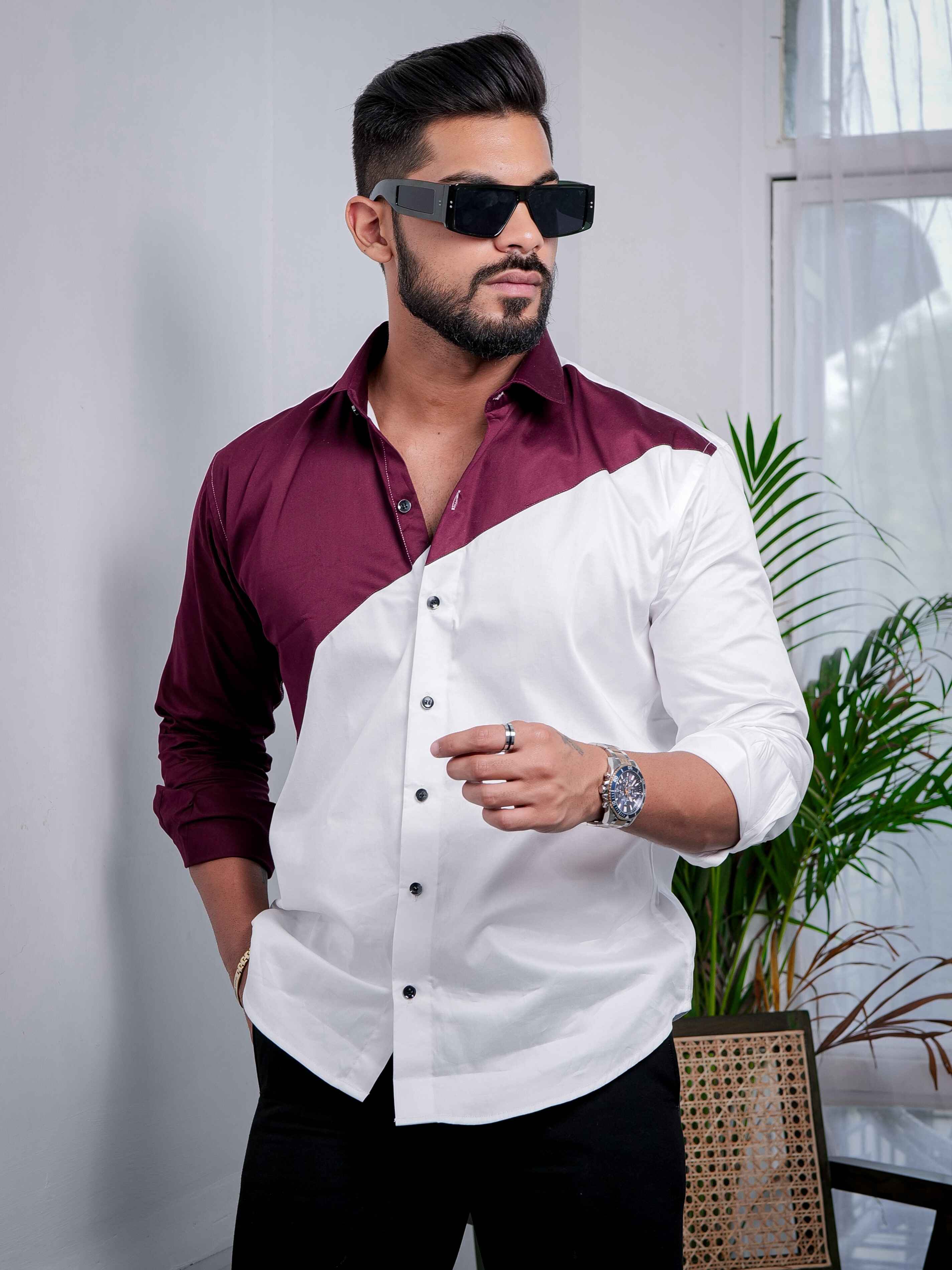 White And Maroon Designer Satin Cotton Shirt - Image 5