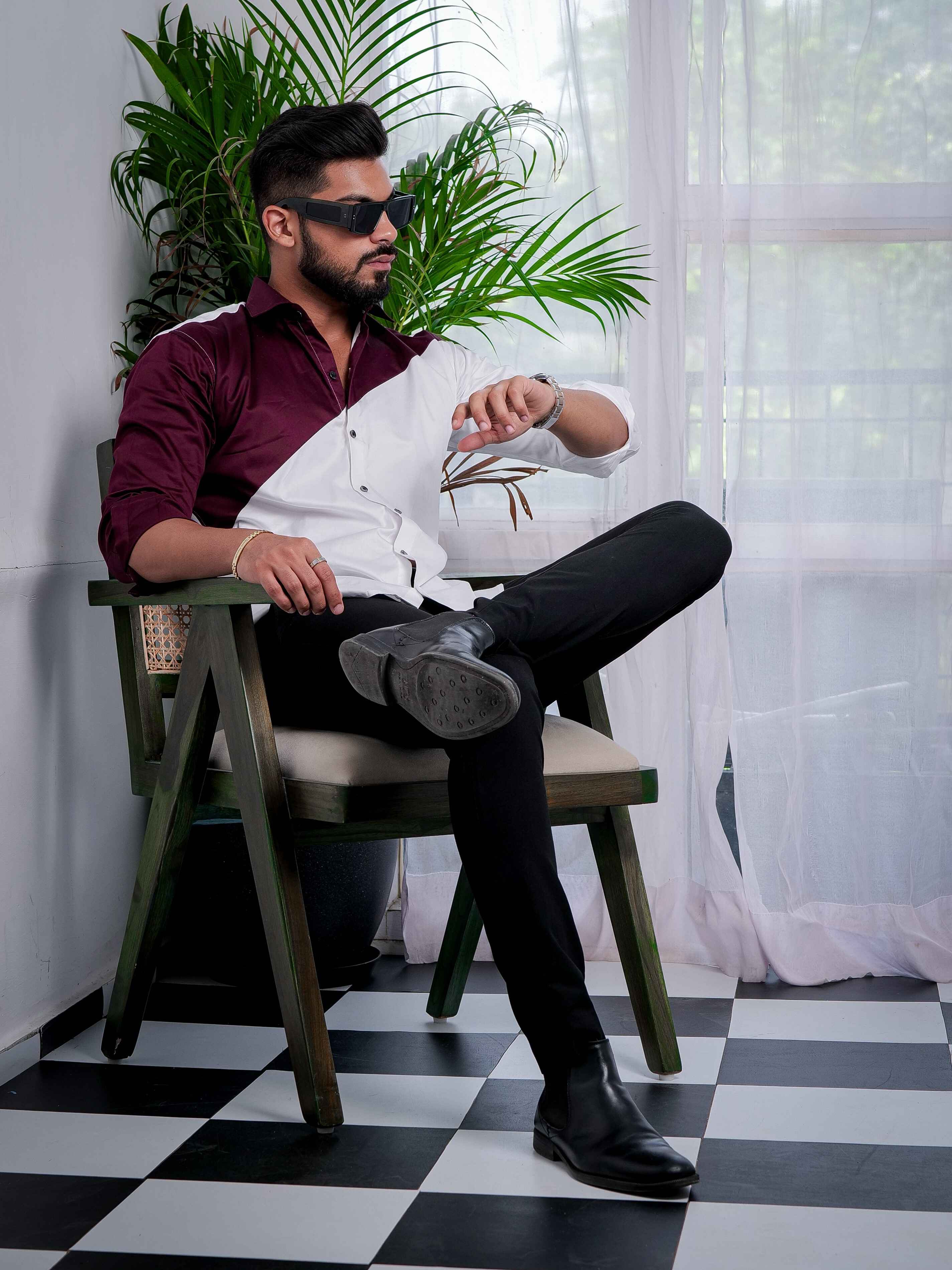 White And Maroon Designer Satin Cotton Shirt - Image 9