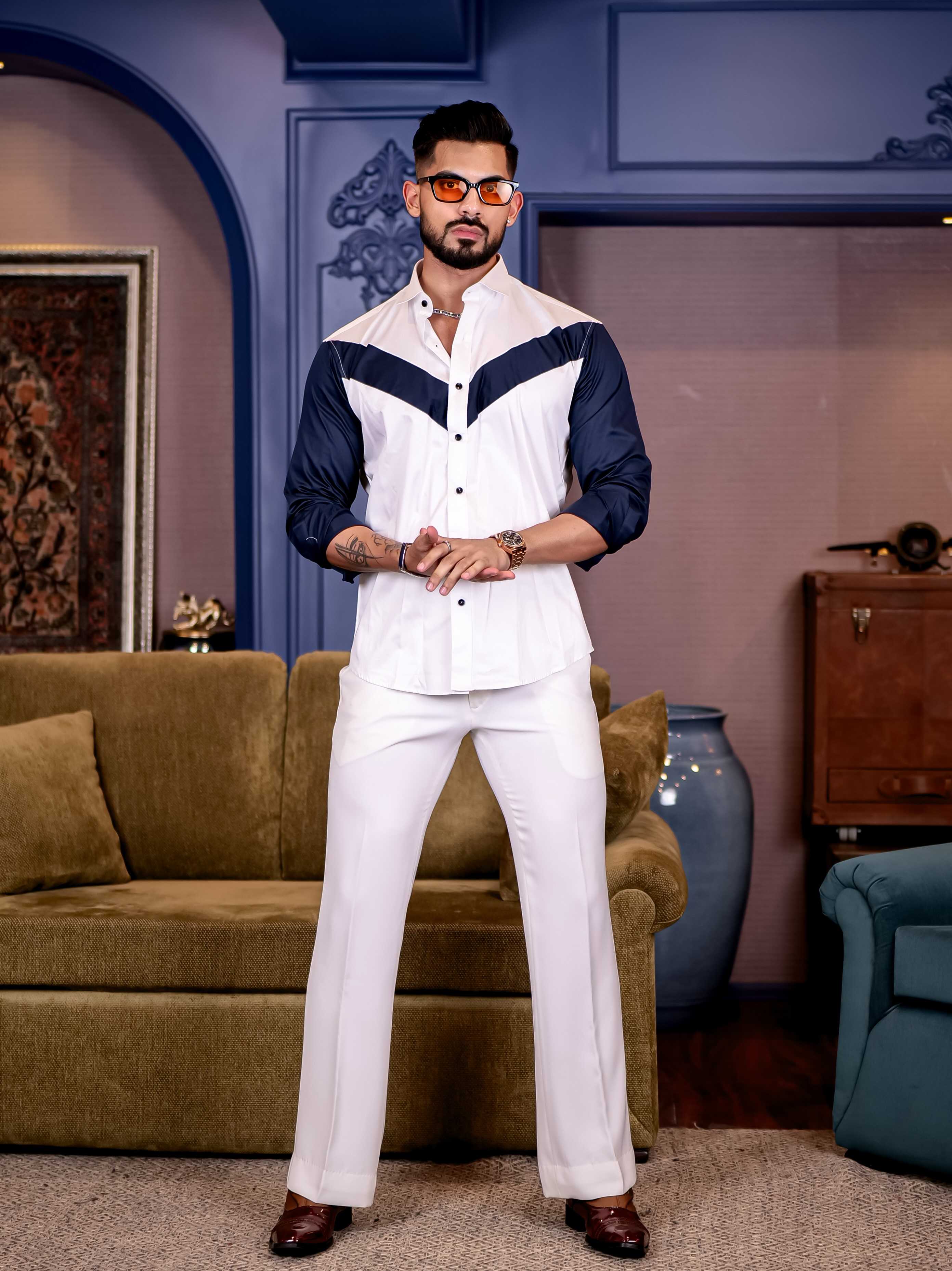 White and Navy Cut n sew Premium Cotton Shirt For Men - Image 3
