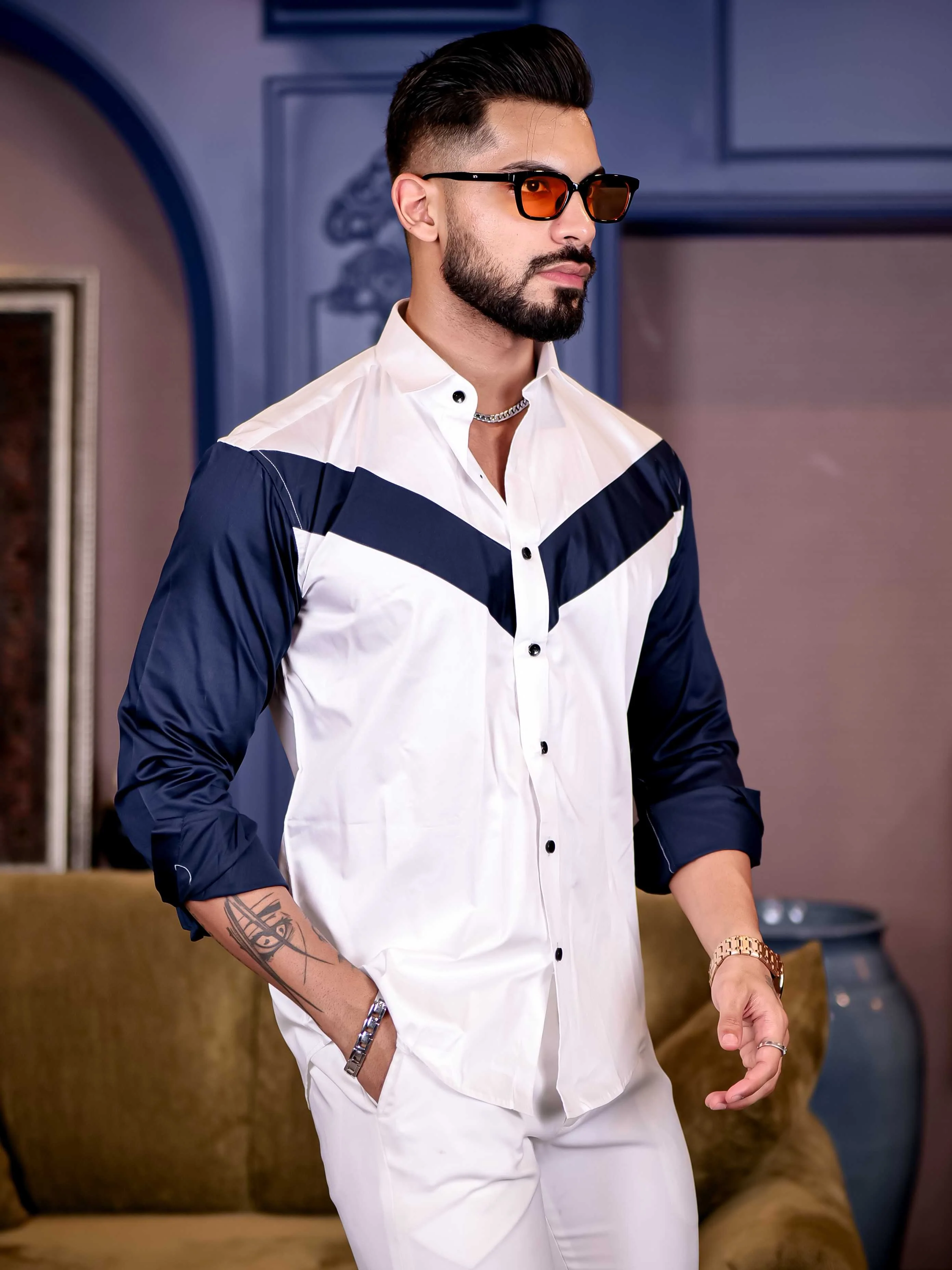 White and Navy Cut n sew Premium Cotton Shirt For Men - Image 4