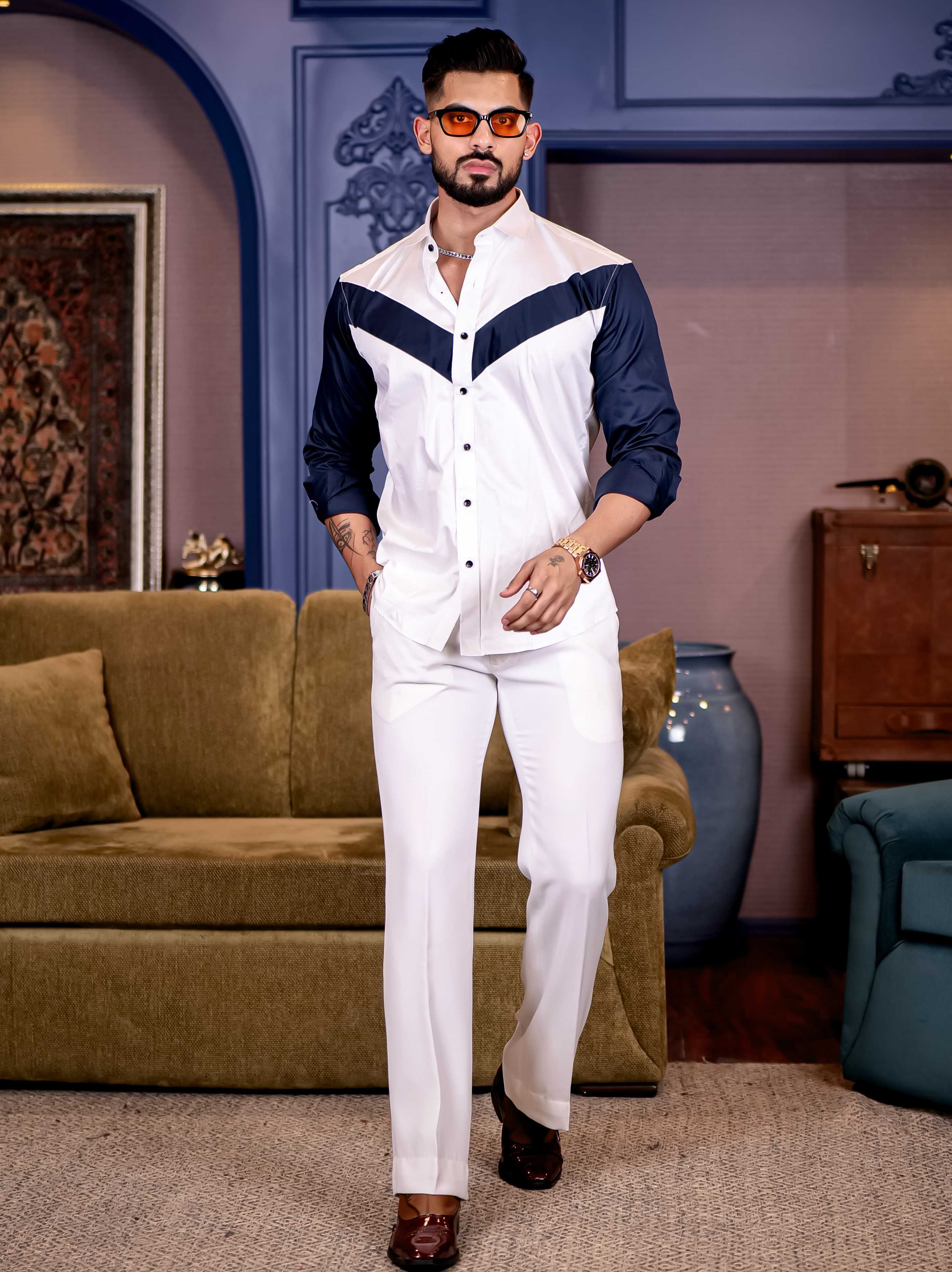 White and Navy Cut n sew Premium Cotton Shirt For Men - Image 5