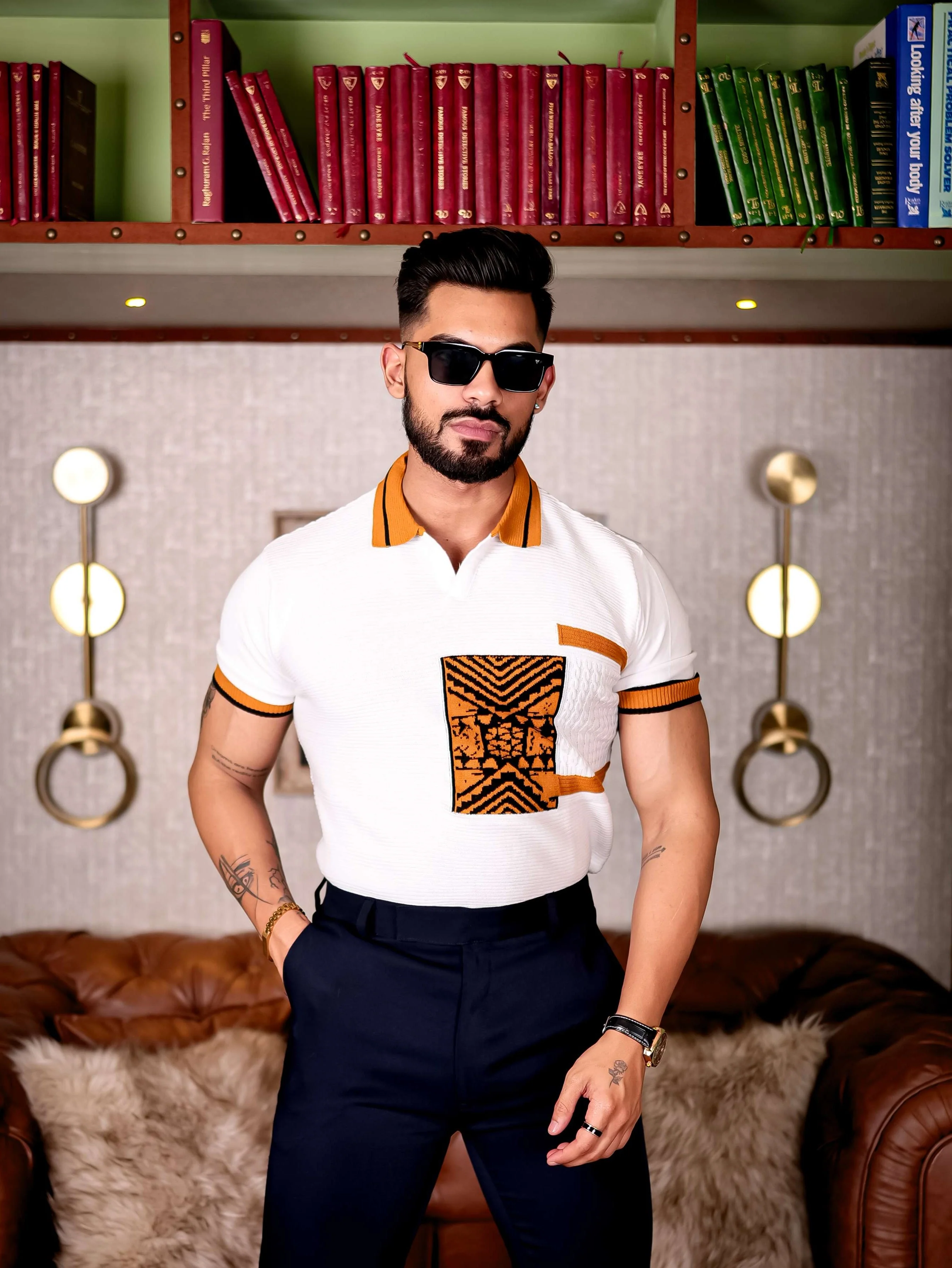 White and Orange Designer Cotton Half Sleeve Premium T Shirt - Image 3
