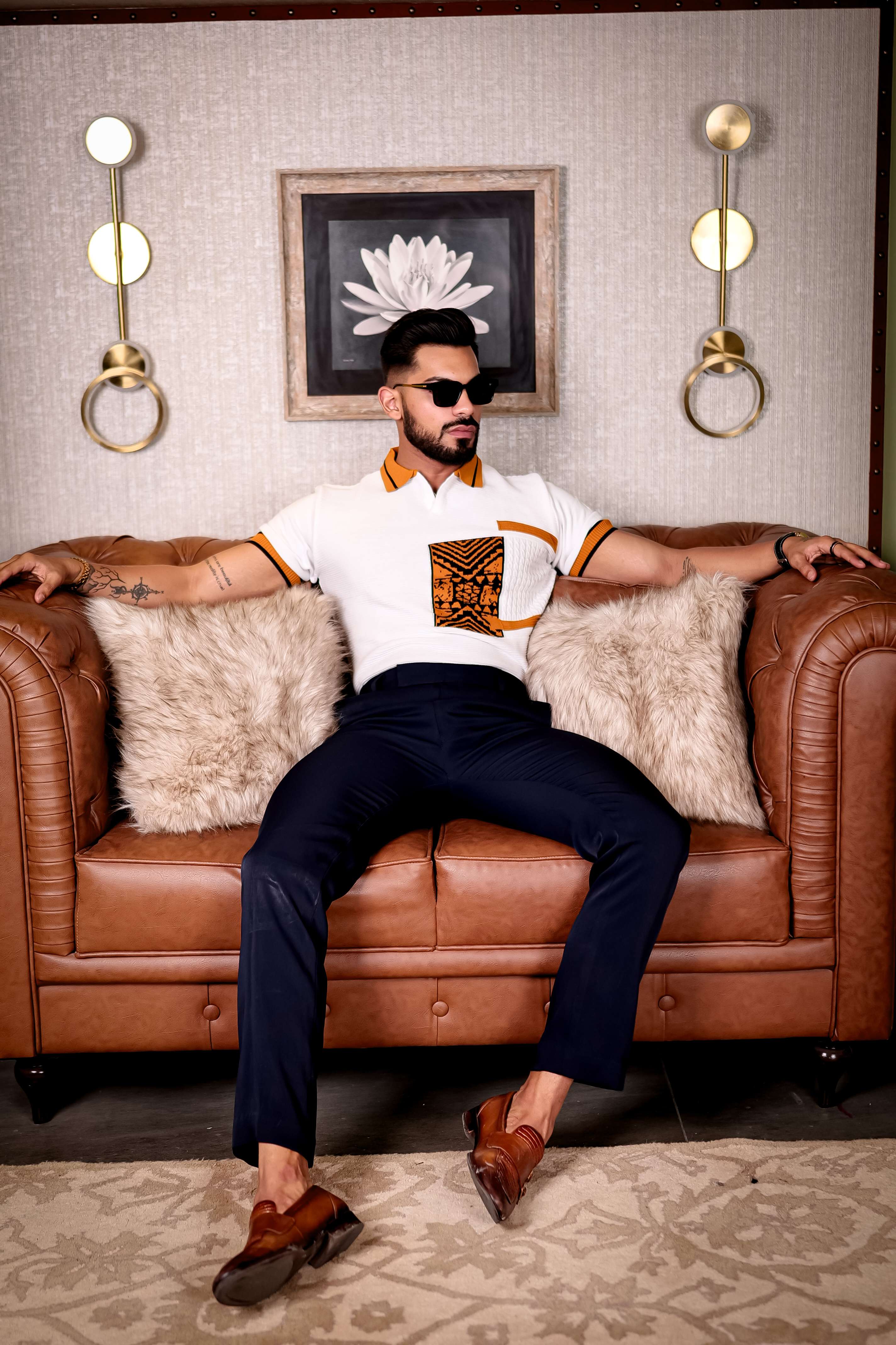 White and Orange Designer Cotton Half Sleeve Premium T Shirt - Image 4
