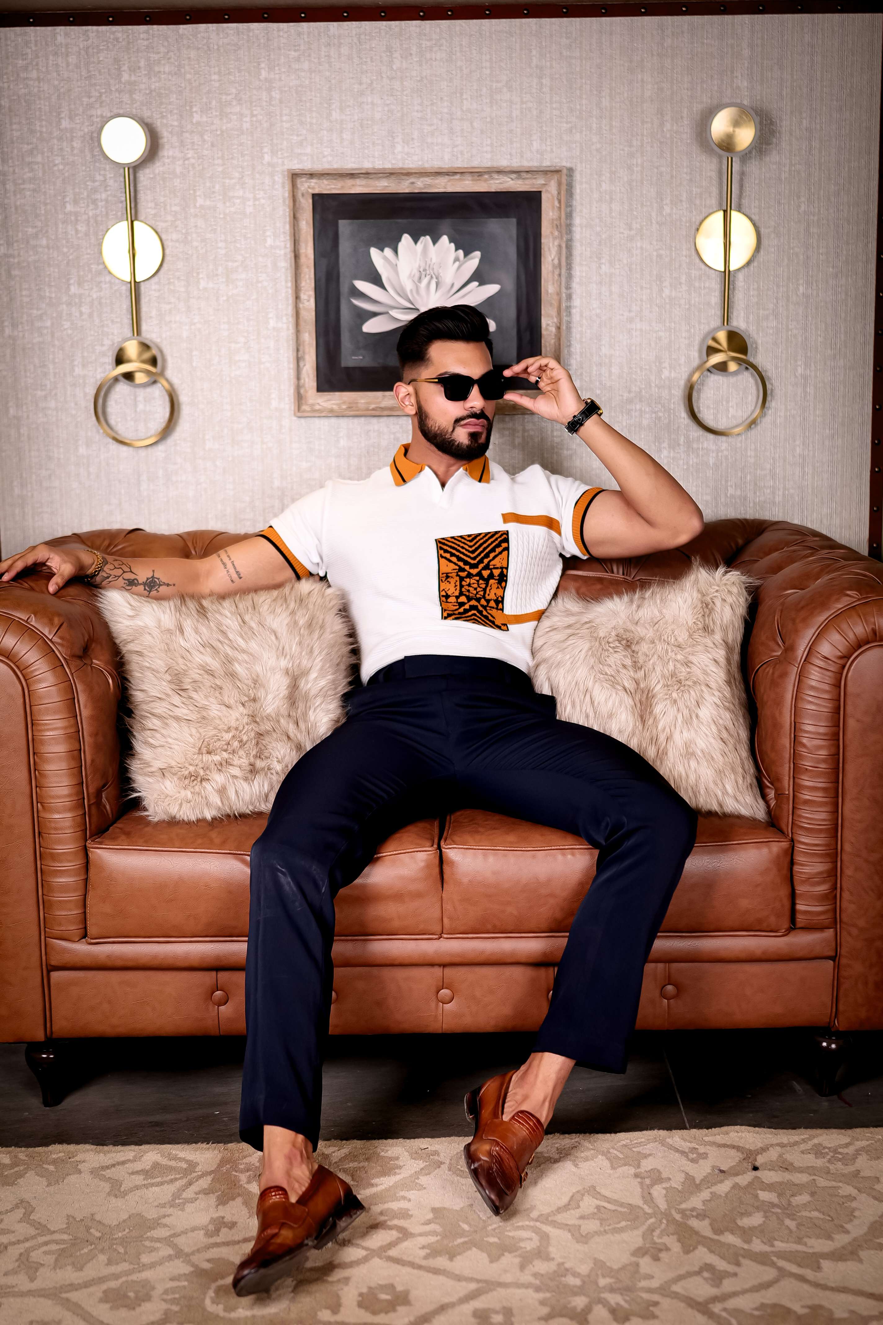 White and Orange Designer Cotton Half Sleeve Premium T Shirt - Image 5