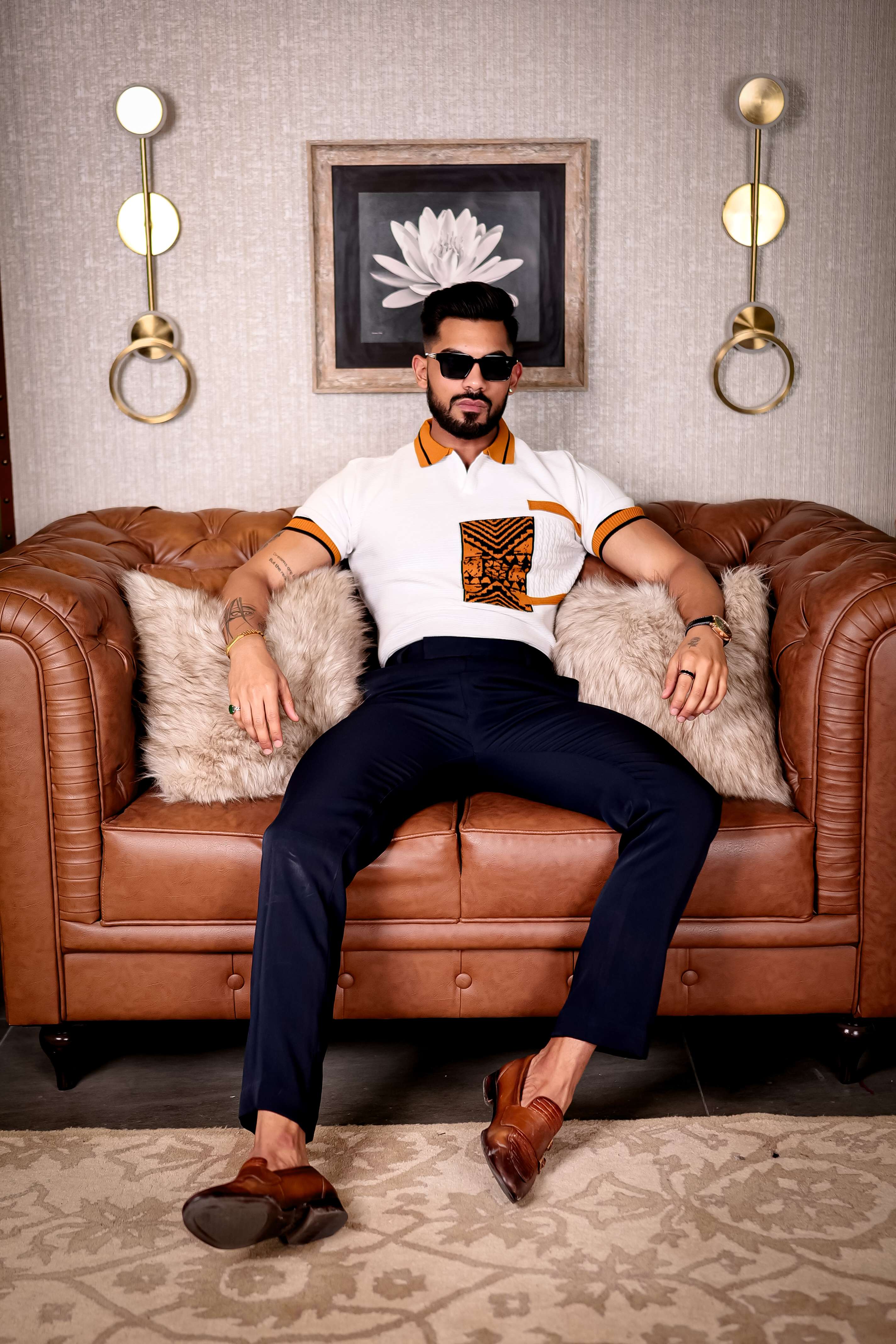 White and Orange Designer Cotton Half Sleeve Premium T Shirt - Image 6