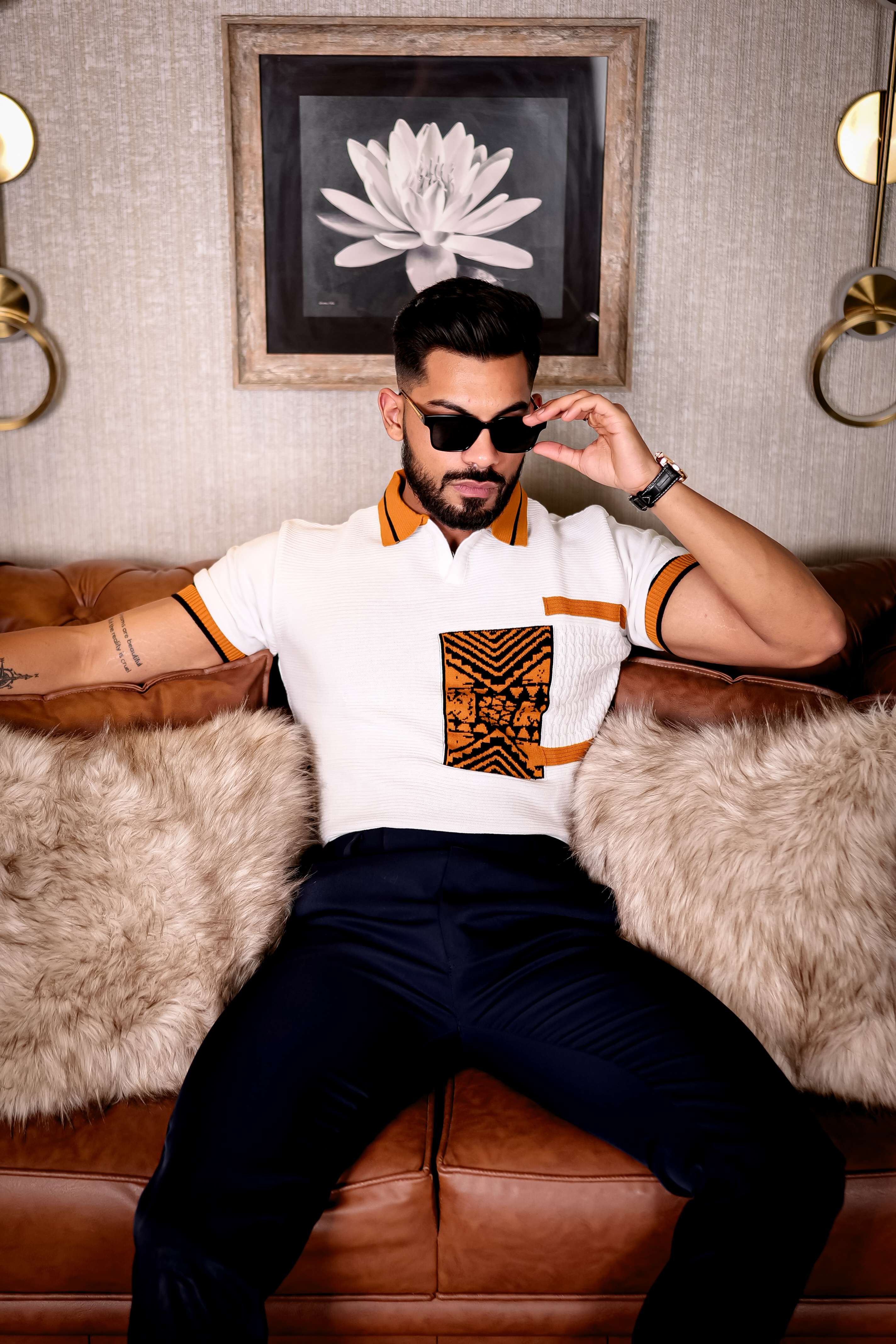 White and Orange Designer Cotton Half Sleeve Premium T Shirt - Image 7