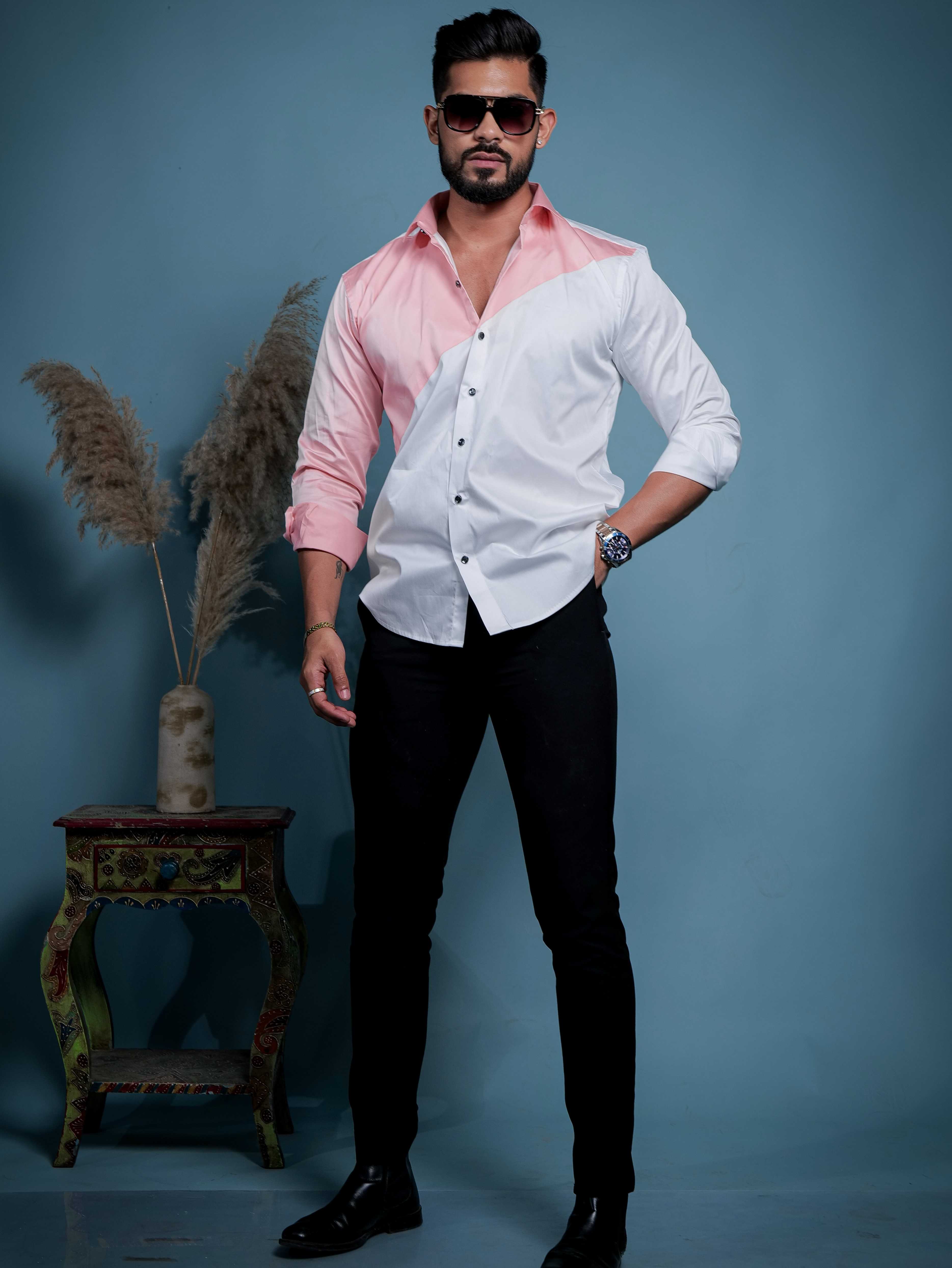 White And Peach Designer Satin Cotton Shirt - Image 3