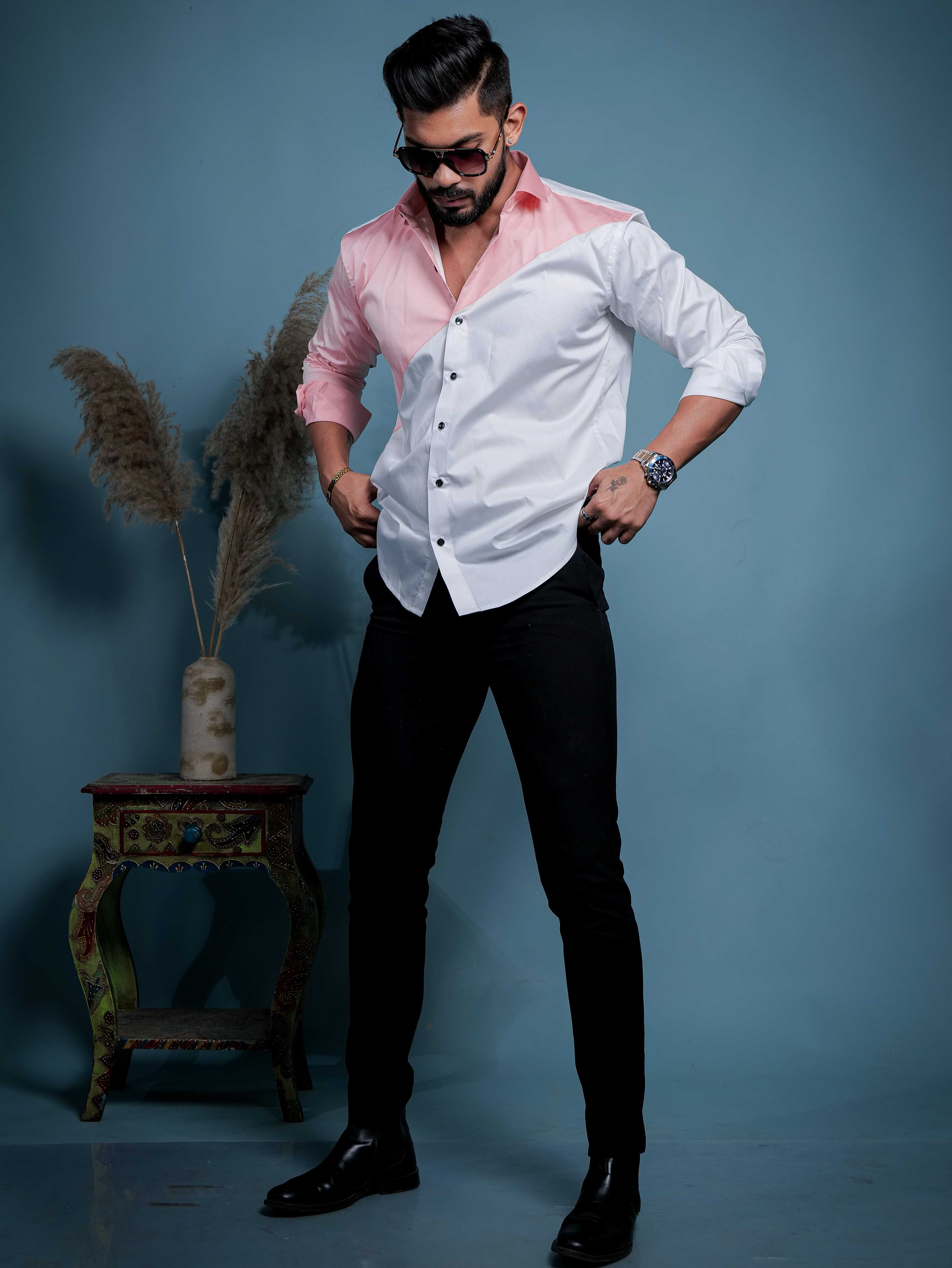 White And Peach Designer Satin Cotton Shirt - Image 6