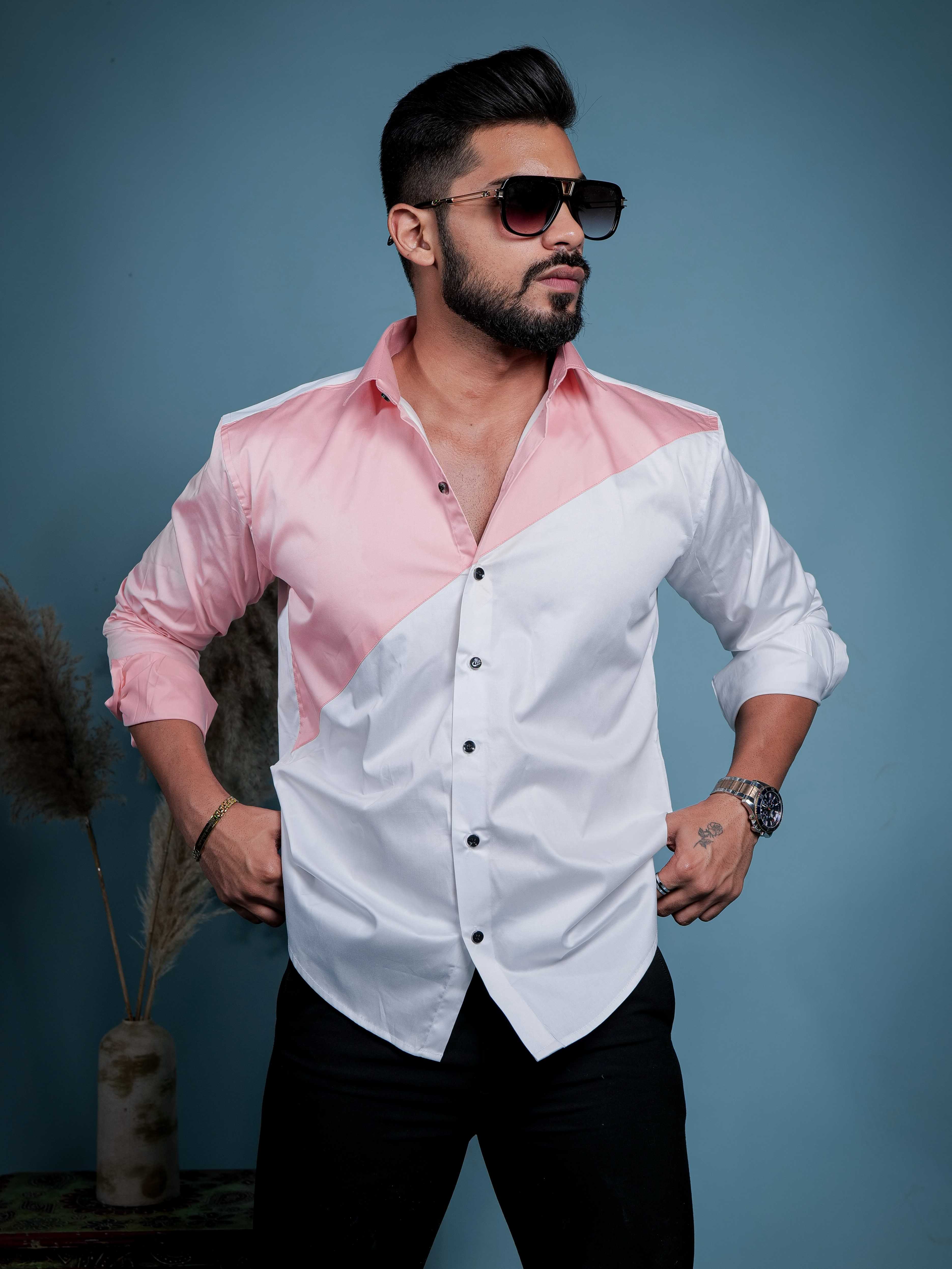 White And Peach Designer Satin Cotton Shirt - Image 8