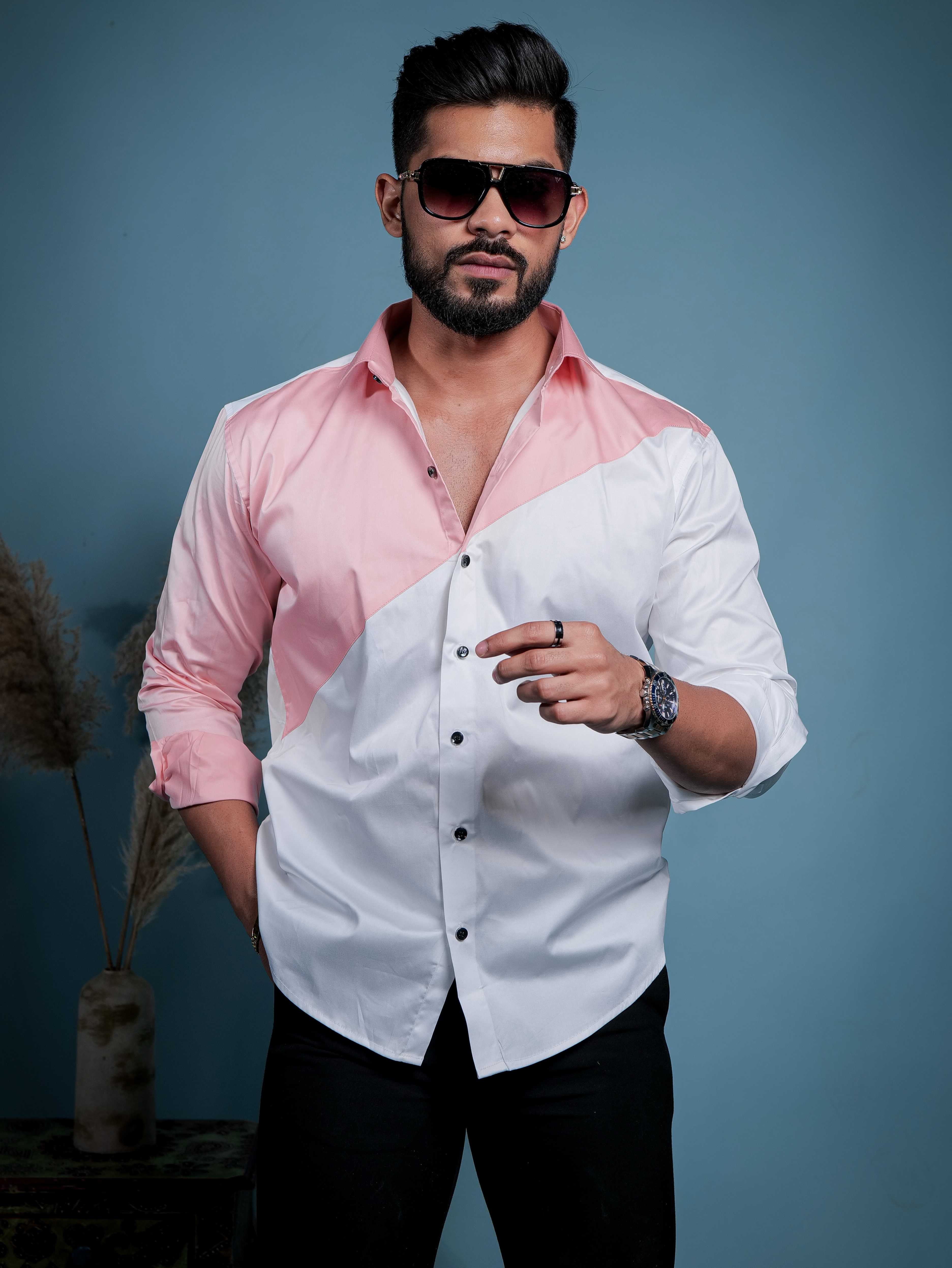 White And Peach Designer Satin Cotton Shirt - Image 9