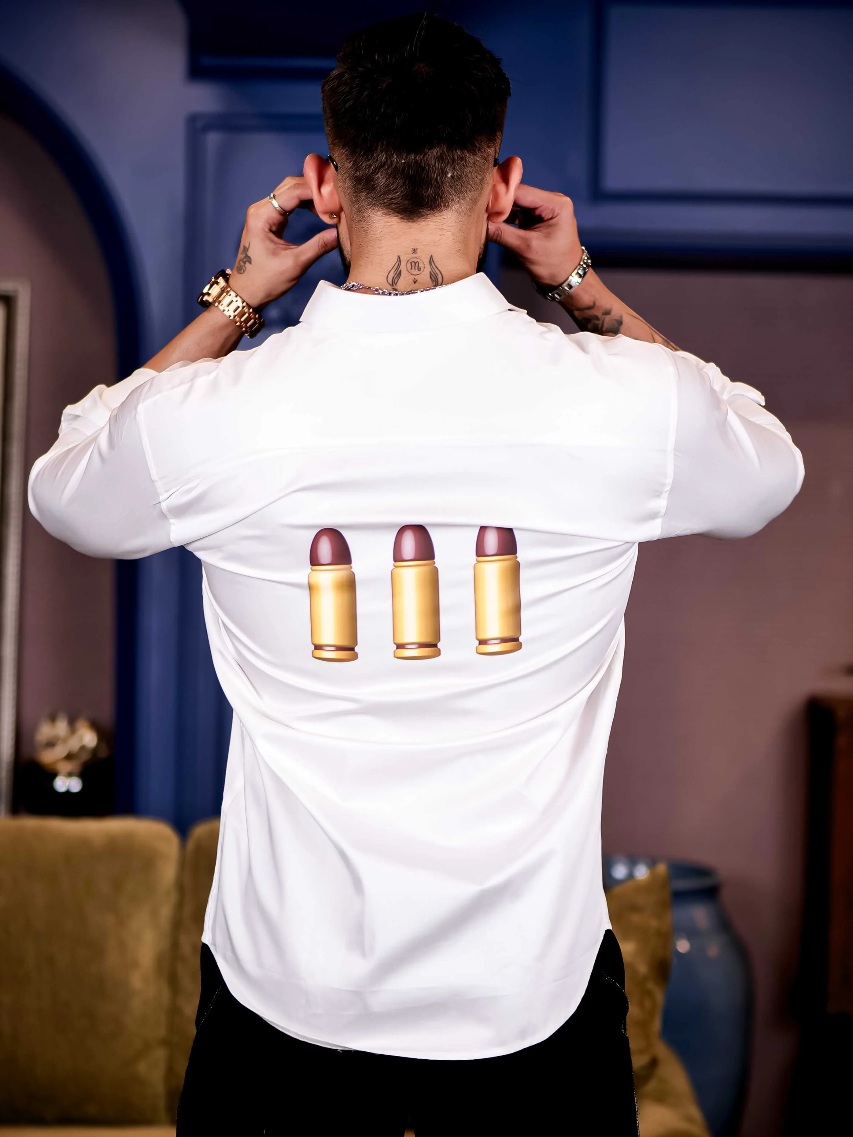 White Club Wear AWM Gun Printed Satin Cotton Shirt - Image 2
