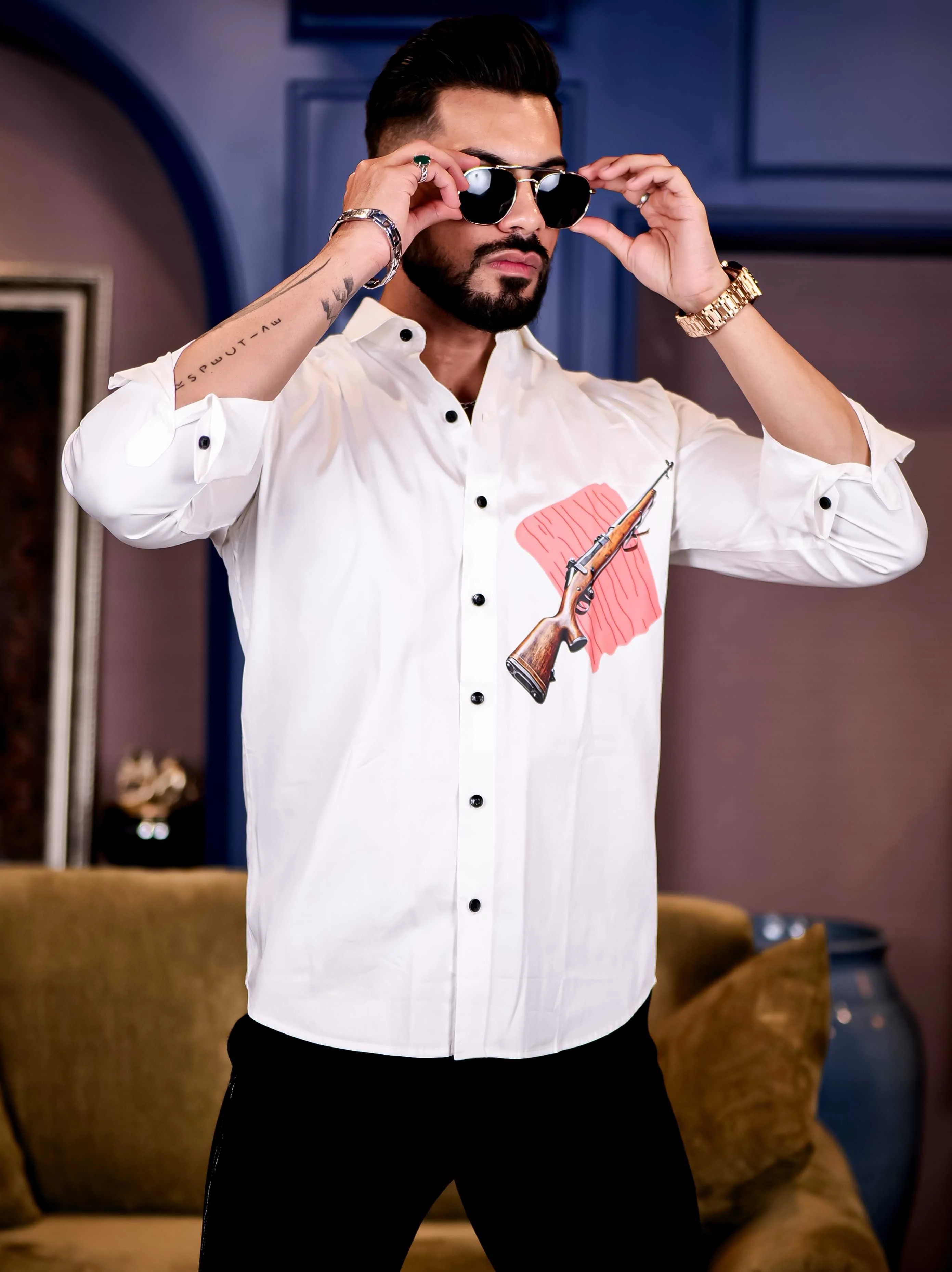White Club Wear AWM Gun Printed Satin Cotton Shirt - Image 4