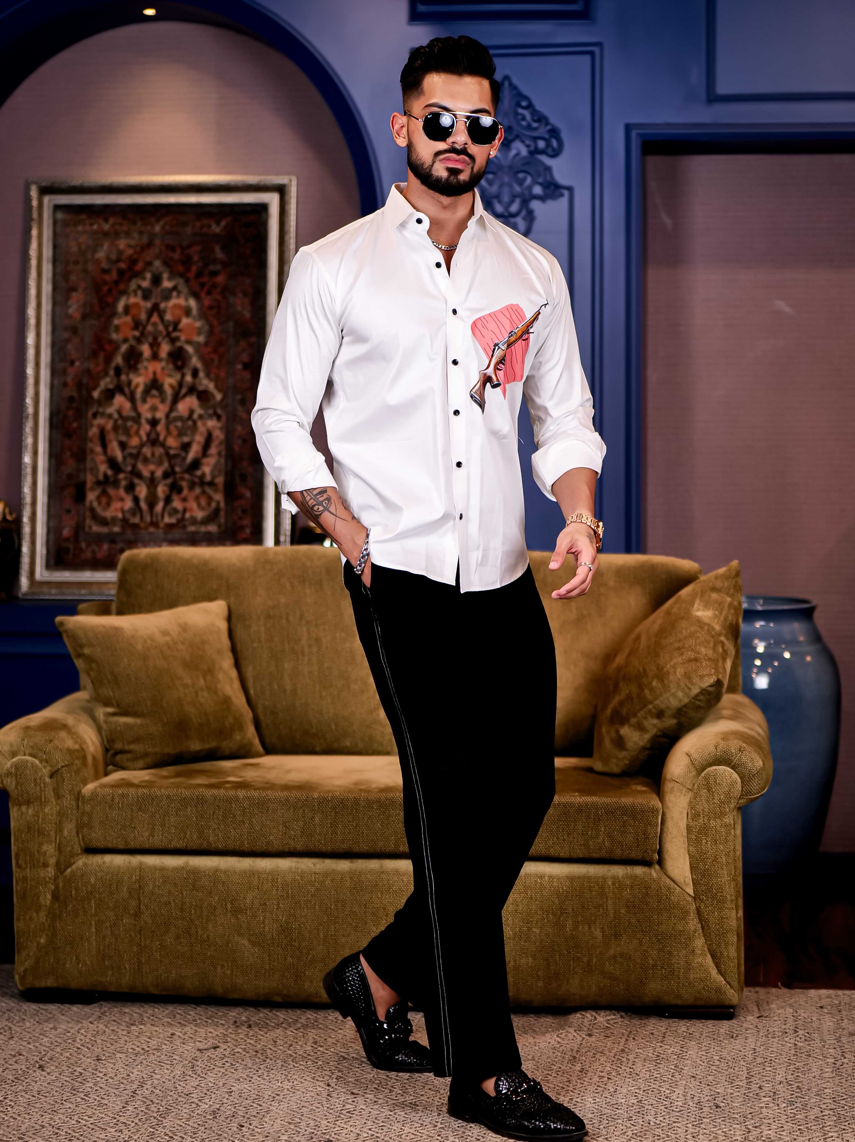 White Club Wear AWM Gun Printed Satin Cotton Shirt - Image 5