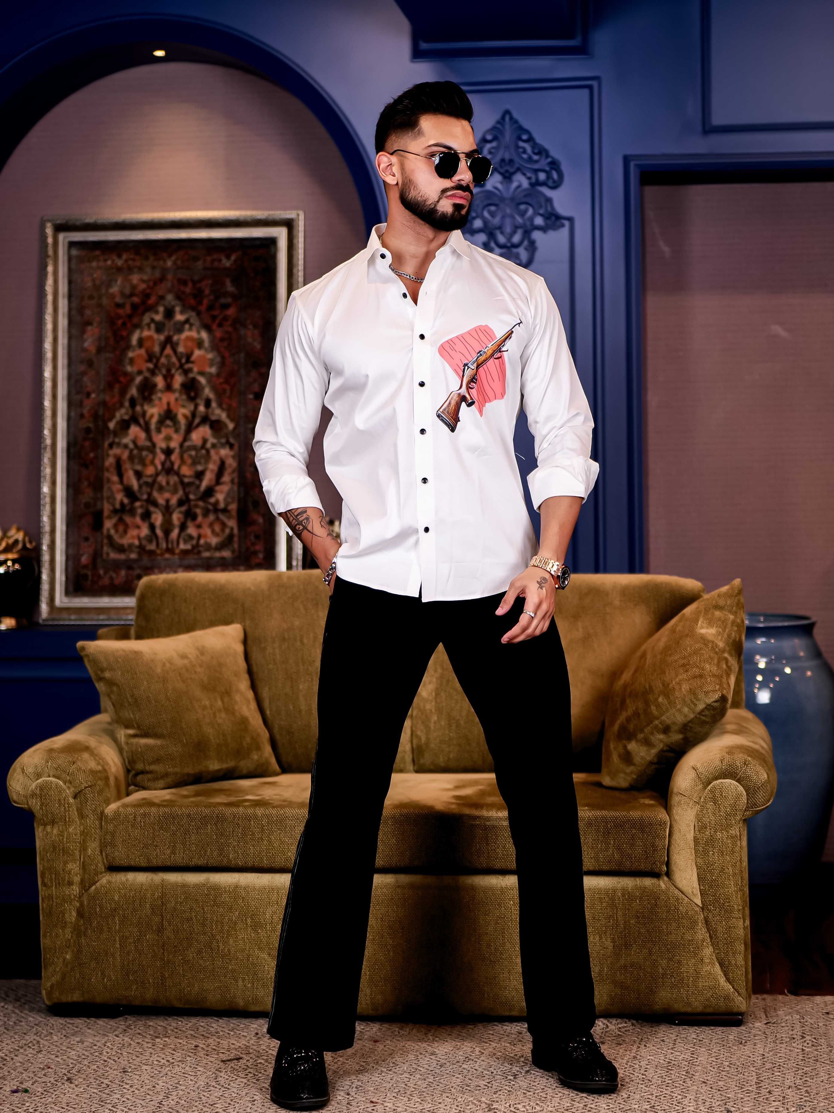 White Club Wear AWM Gun Printed Satin Cotton Shirt - Image 7