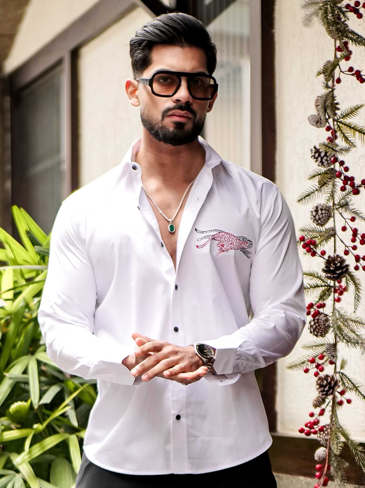 WHITE CLUB WEAR EMBROIDERY SATIN COTTON MEN'S SHIRT
