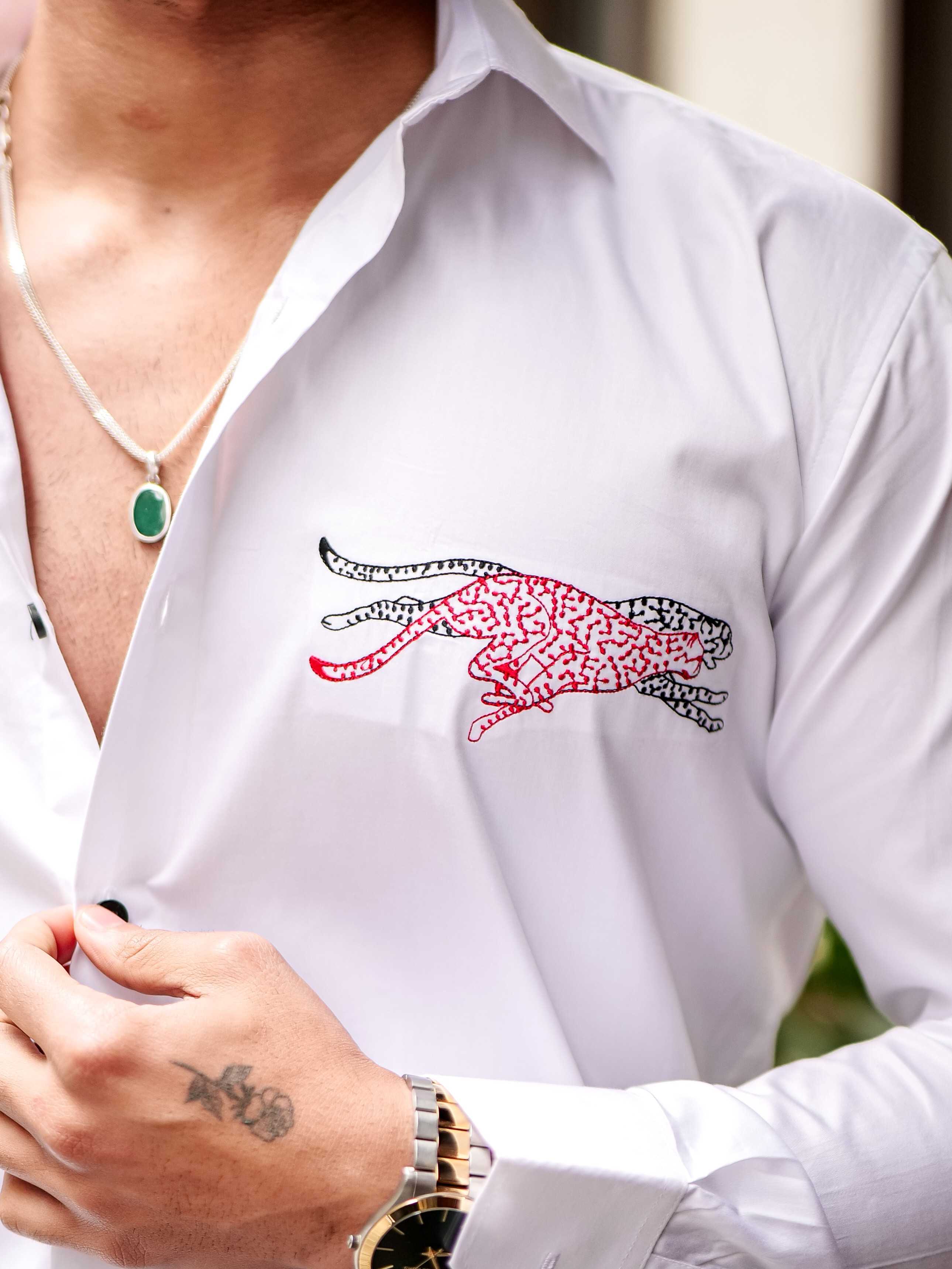 WHITE CLUB WEAR EMBROIDERY SATIN COTTON MEN'S SHIRT - Image 2