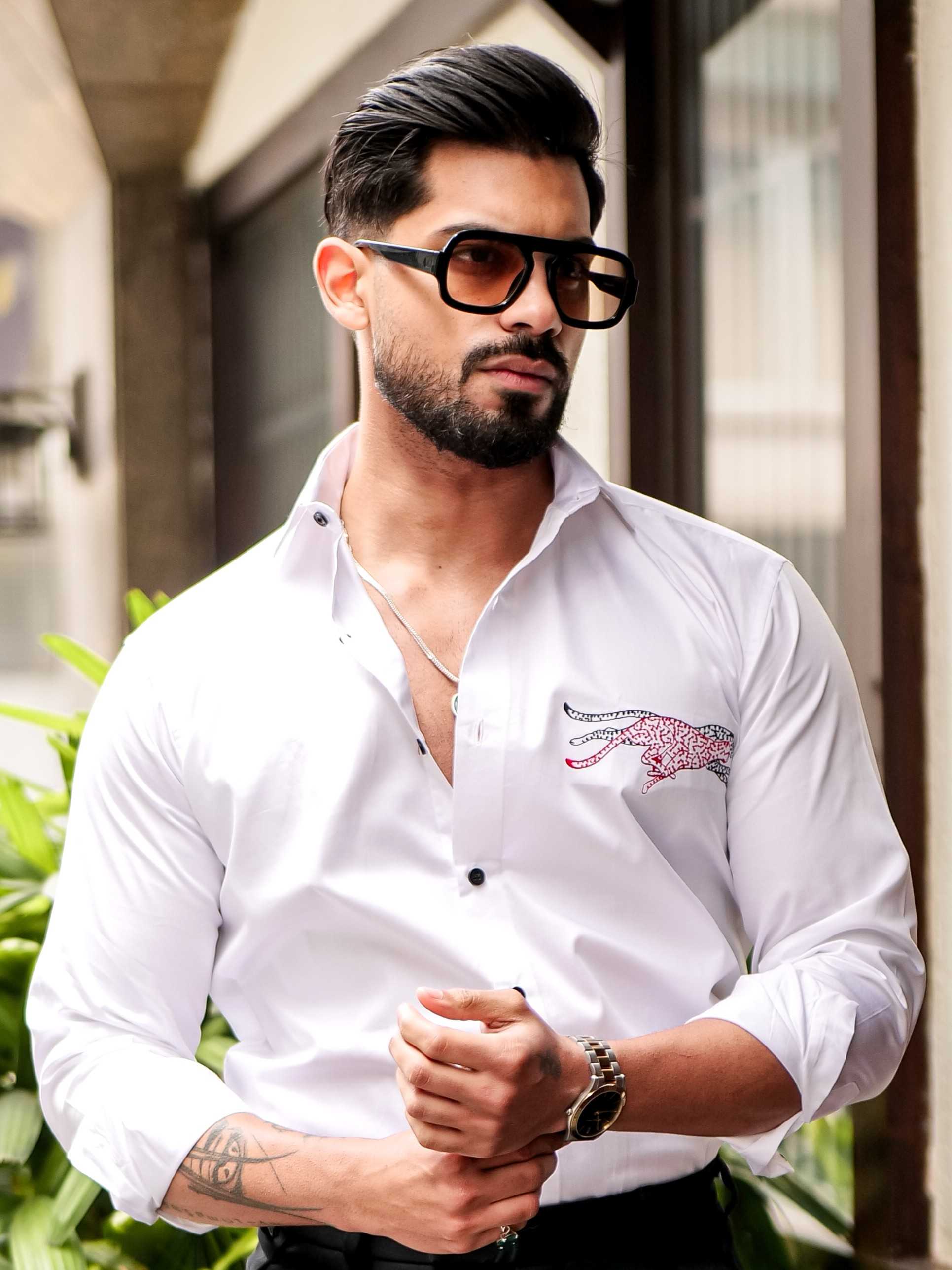 WHITE CLUB WEAR EMBROIDERY SATIN COTTON MEN'S SHIRT - Image 6