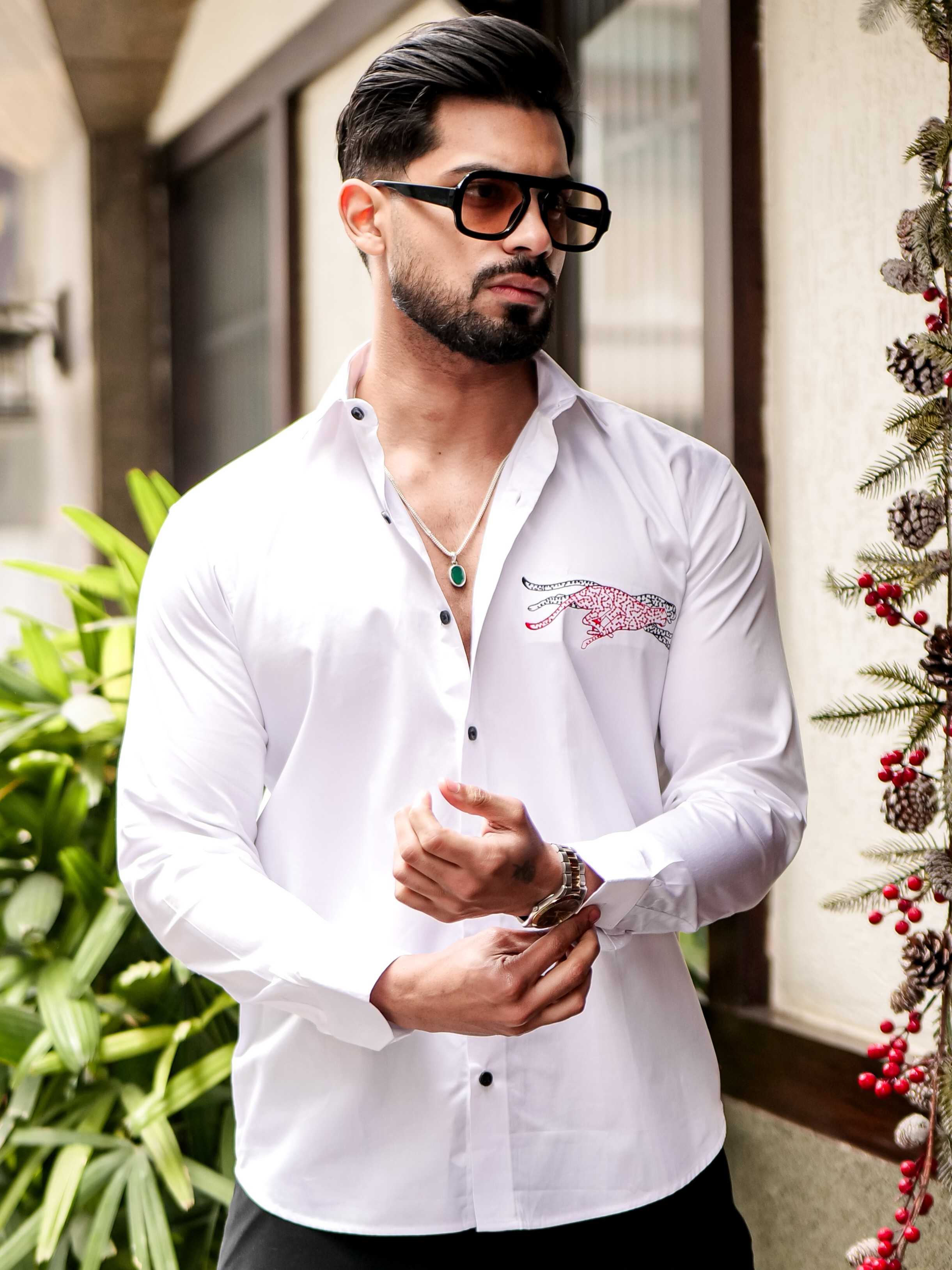 WHITE CLUB WEAR EMBROIDERY SATIN COTTON MEN'S SHIRT - Image 7
