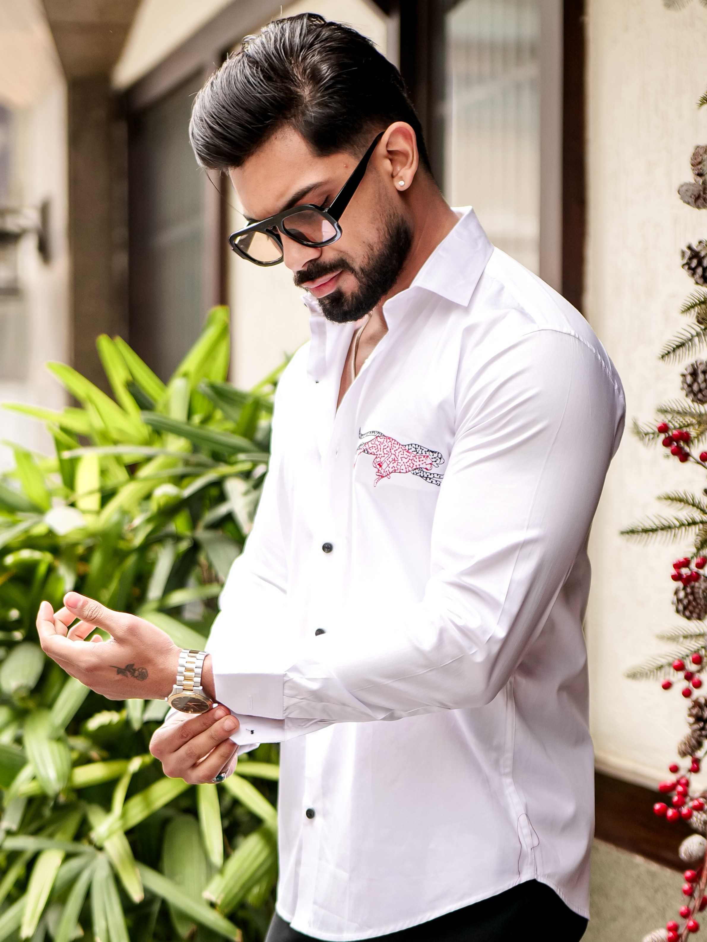 WHITE CLUB WEAR EMBROIDERY SATIN COTTON MEN'S SHIRT - Image 8