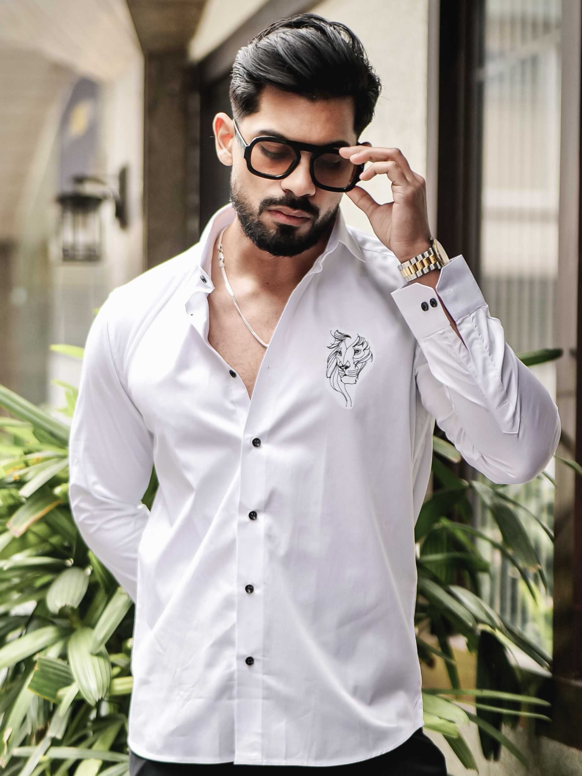 WHITE CLUB WEAR EMBROIDERY SATIN COTTON SHIRT