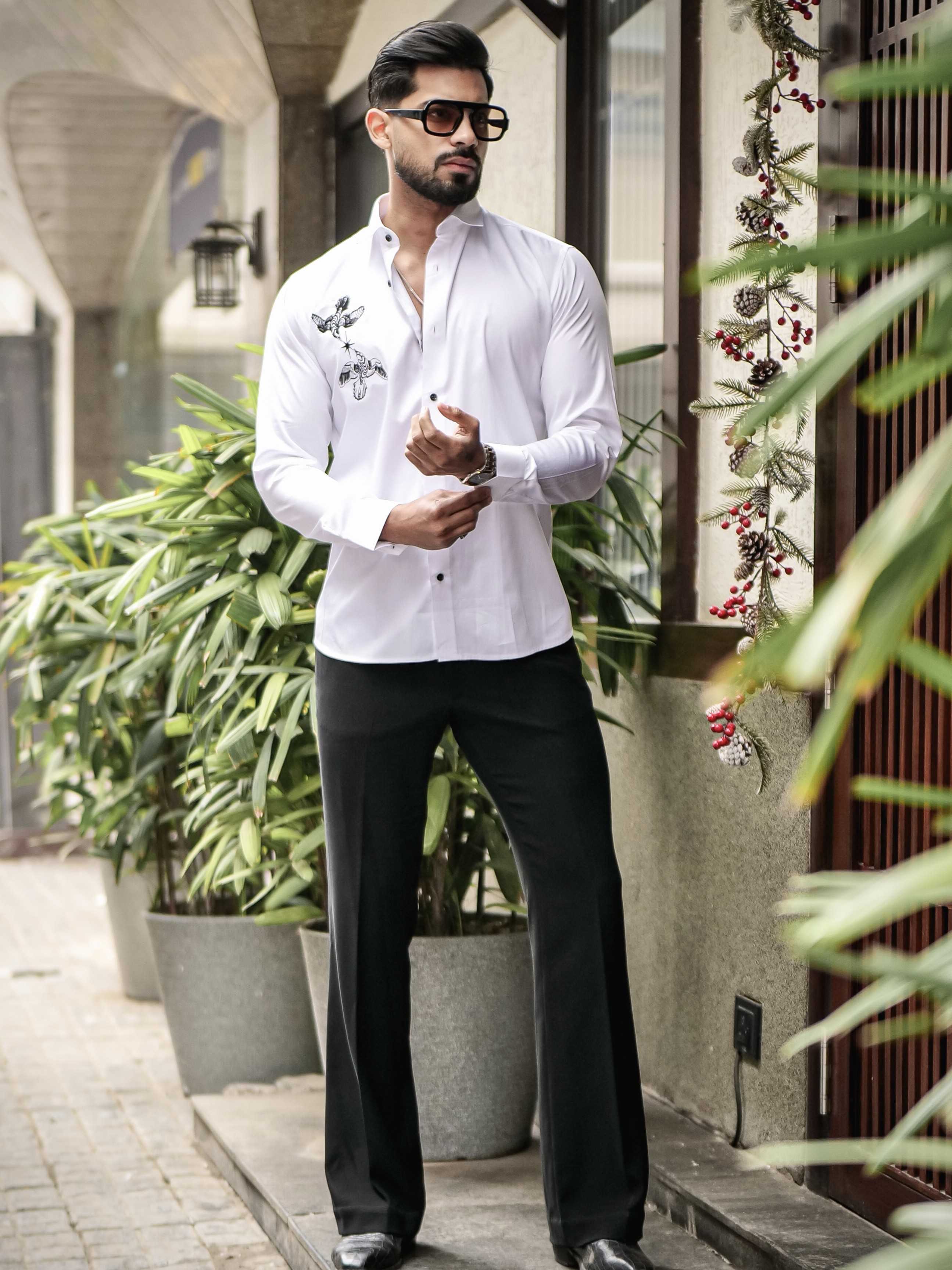 WHITE CLUB WEAR EMBROIDERY SATIN COTTON SHIRT - Image 3