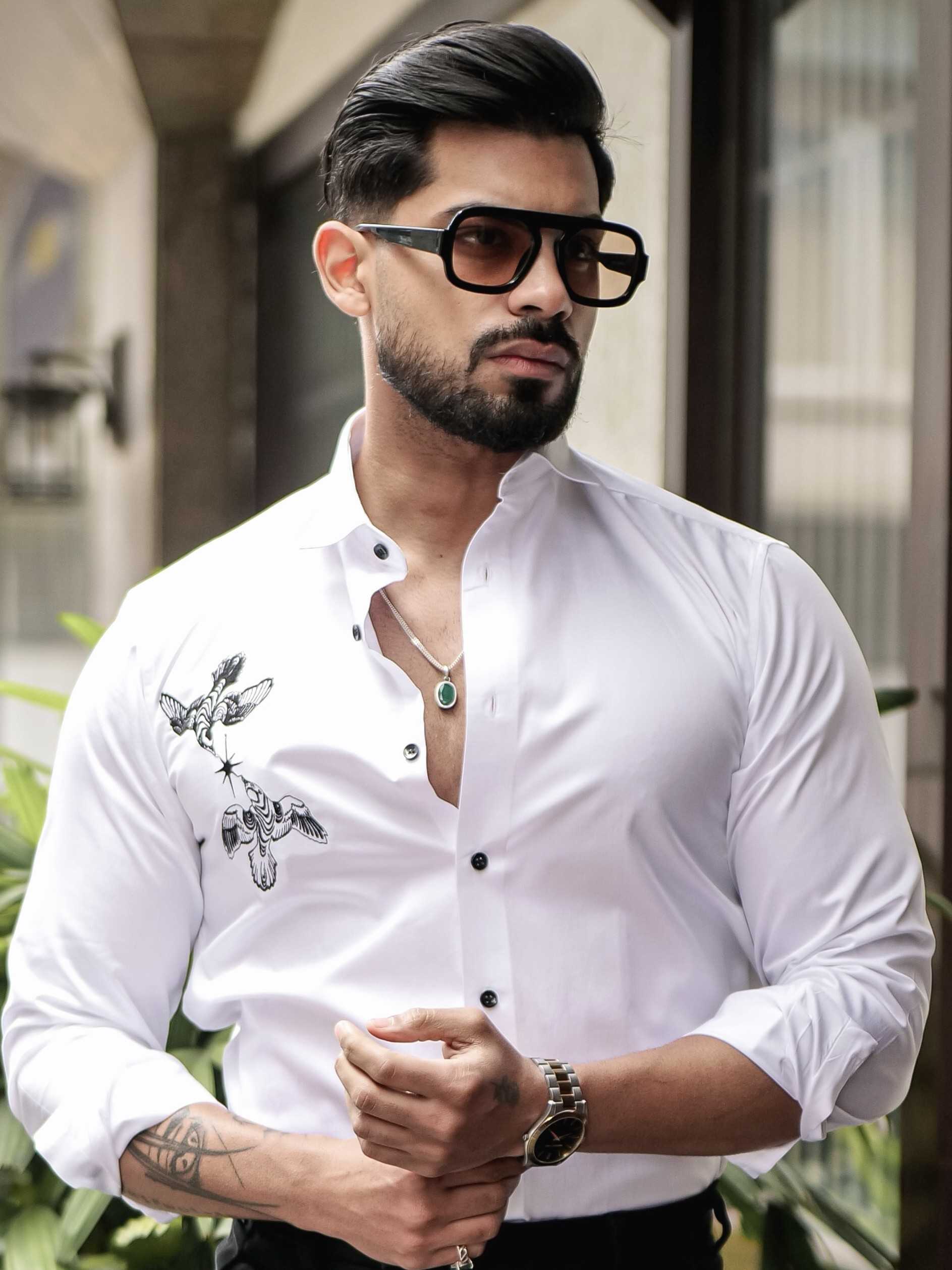 WHITE CLUB WEAR EMBROIDERY SATIN COTTON SHIRT - Image 8
