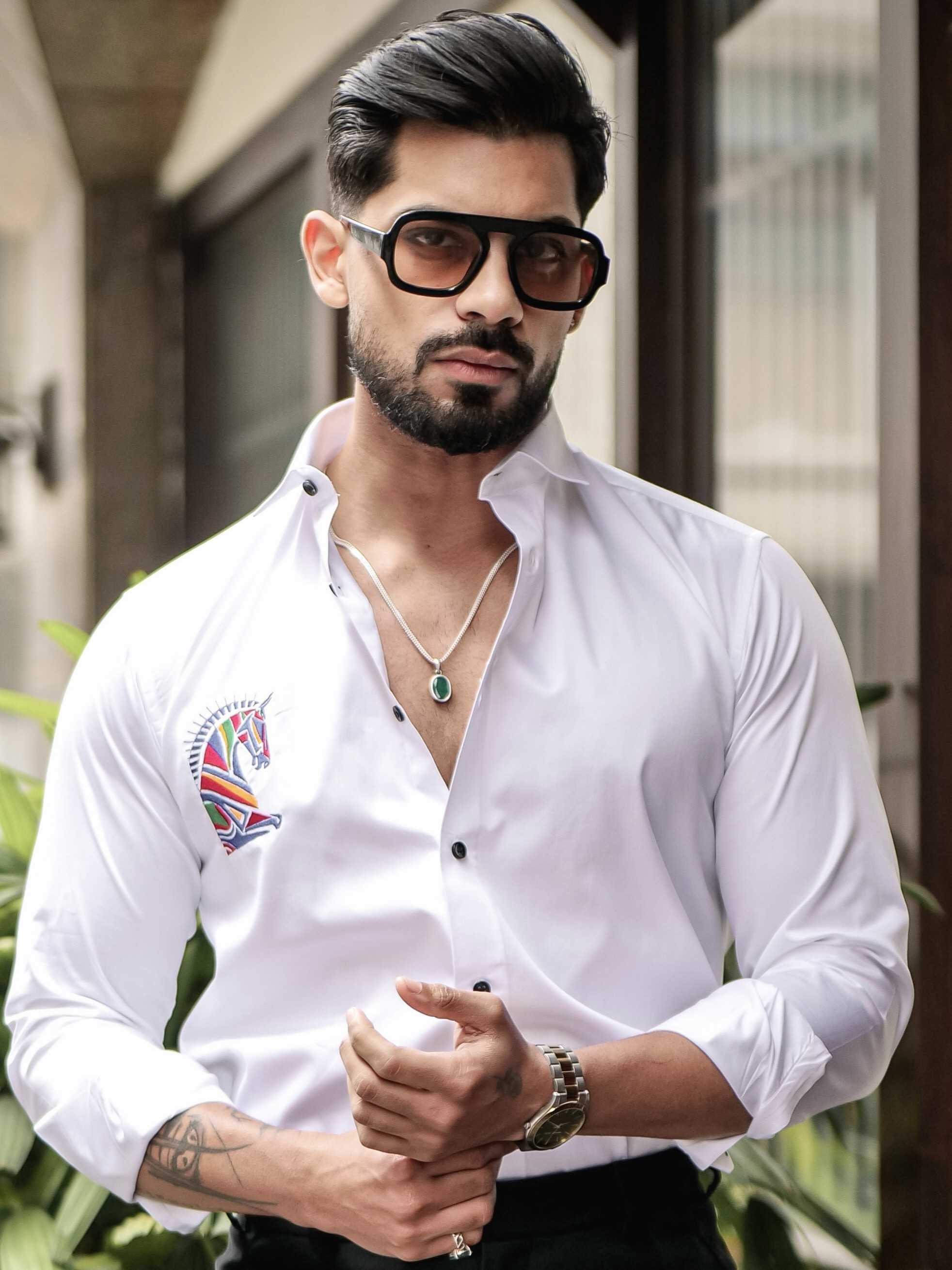 WHITE CLUB WEAR EMBROIDERY SATIN COTTON SHIRT