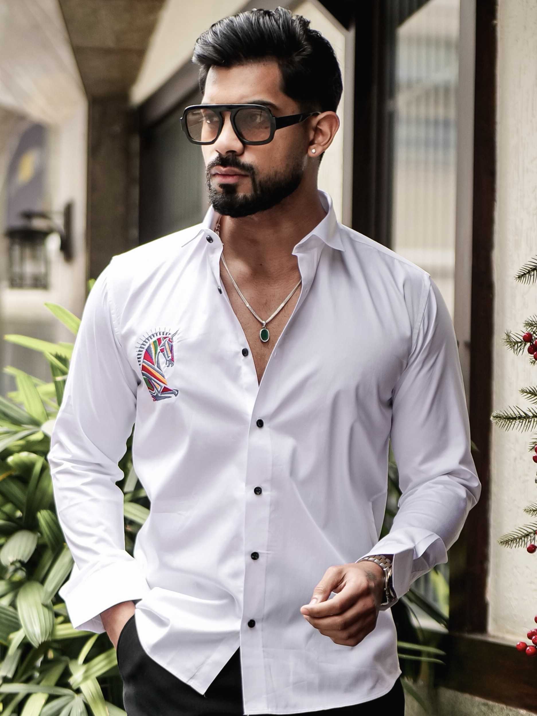 WHITE CLUB WEAR EMBROIDERY SATIN COTTON SHIRT - Image 3