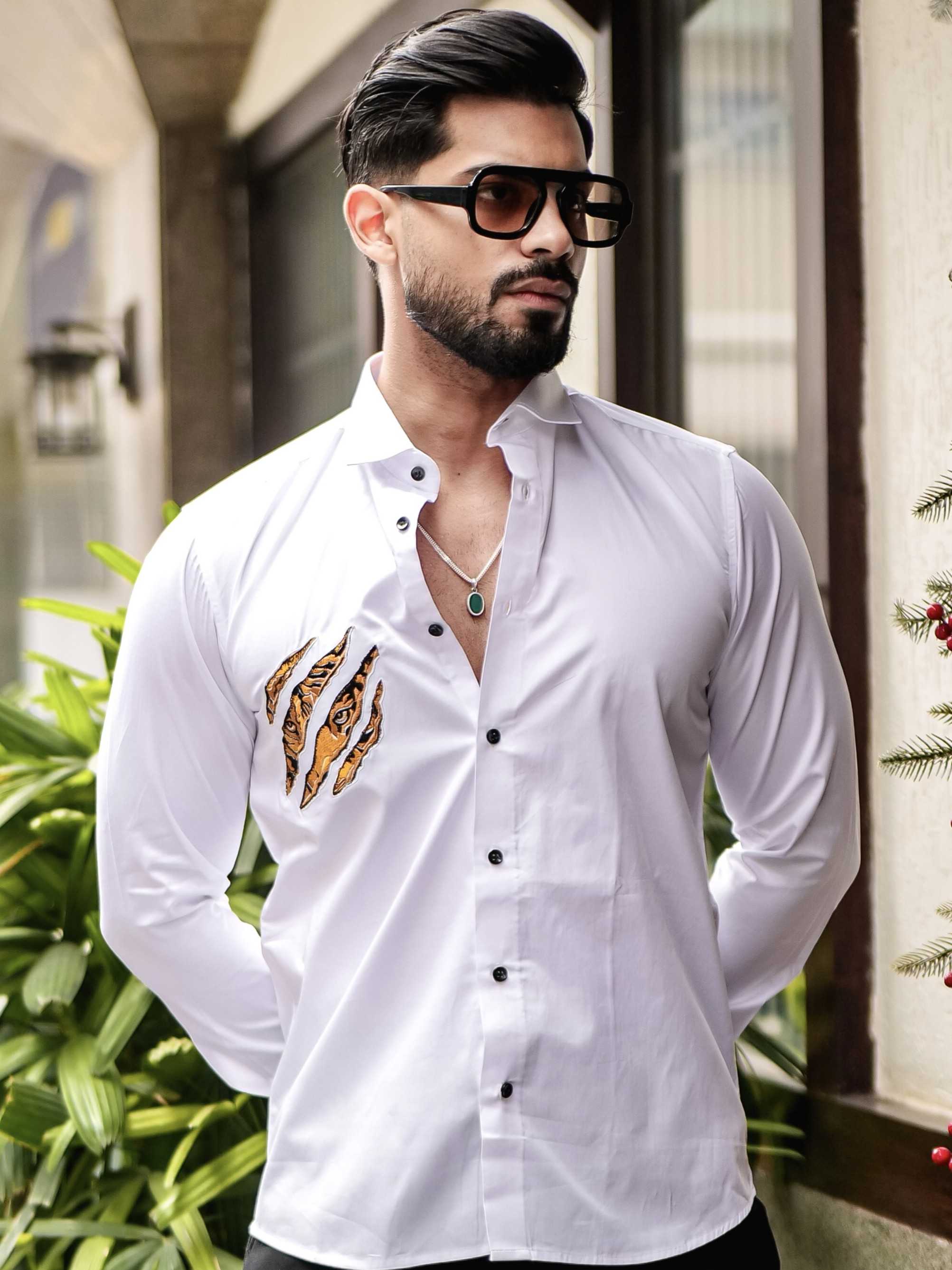 WHITE CLUB WEAR EMBROIDERY SATIN COTTON SHIRT - Image 4